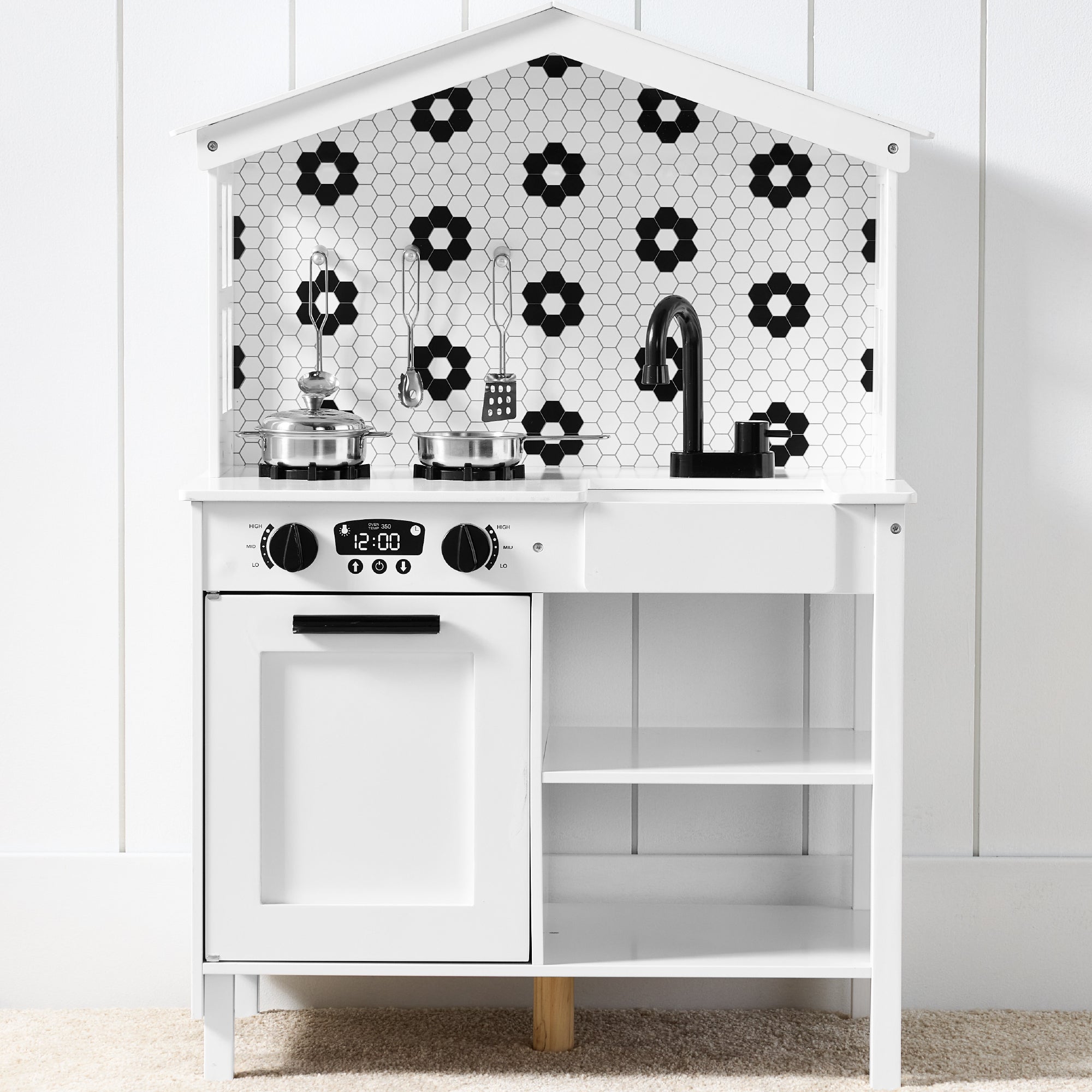 Pretend Play Wooden Farmhouse Kitchen Set w/ Storage, 5 Accessories - White/Black