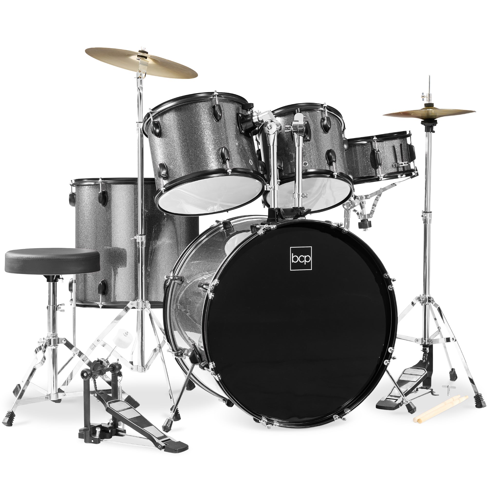 5-Piece Full Size Drum Set For Adults - Silver Sparkle