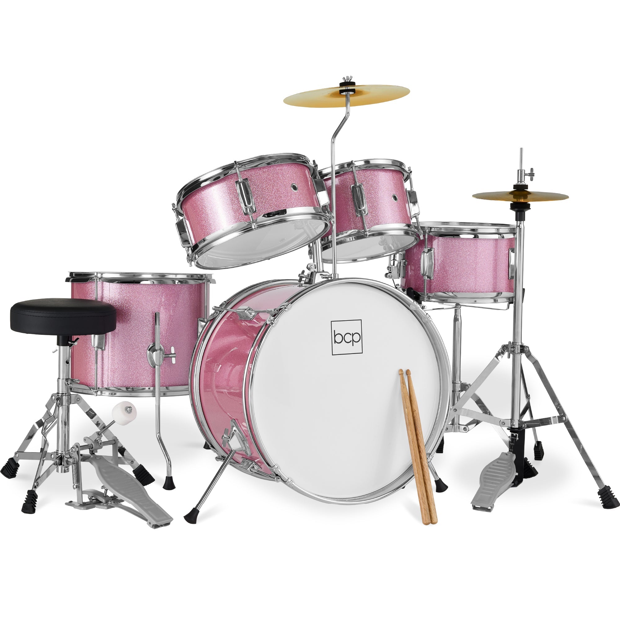 Kids Beginner All Wood Acoustic Drum Kit Starter Set w/ Stool, Drumsticks - Pink Sparkle