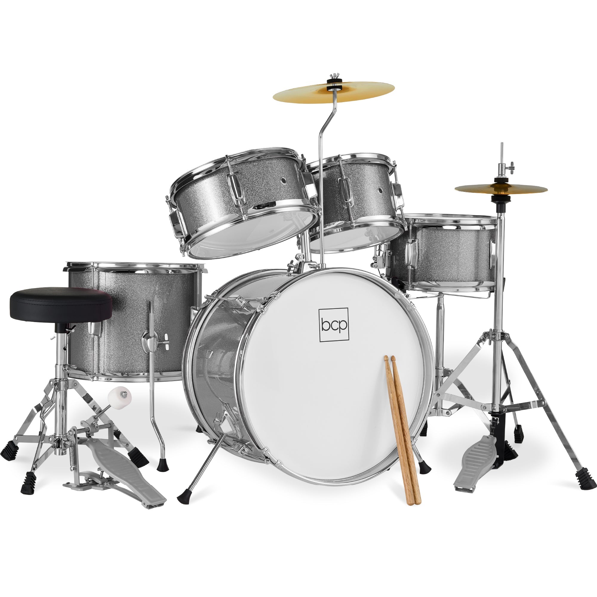 Kids Beginner All Wood Acoustic Drum Kit Starter Set w/ Stool, Drumsticks - Silver Sparkle
