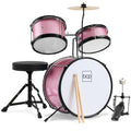 Kids Beginner 3-Piece Drum, Musical Instrument Set w/ Sticks, Stool, Pedal - Pink Sparkle