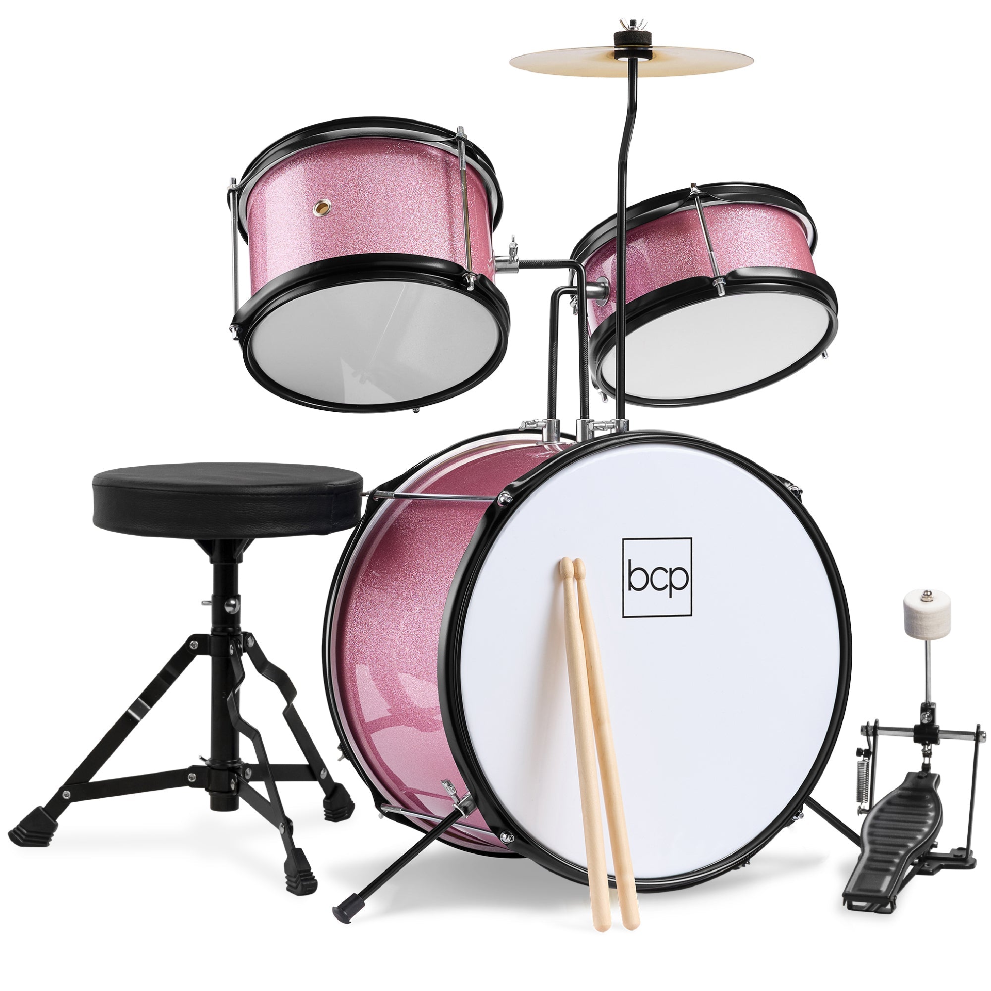 Kids Beginner 3-Piece Drum, Musical Instrument Set w/ Sticks, Stool, Pedal - Pink Sparkle