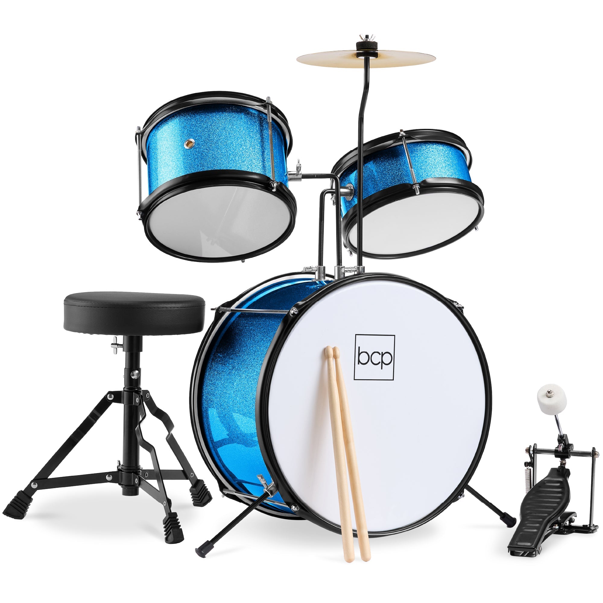 Kids Beginner 3-Piece Drum, Musical Instrument Set w/ Sticks, Stool, Pedal - Light Blue Sparkle