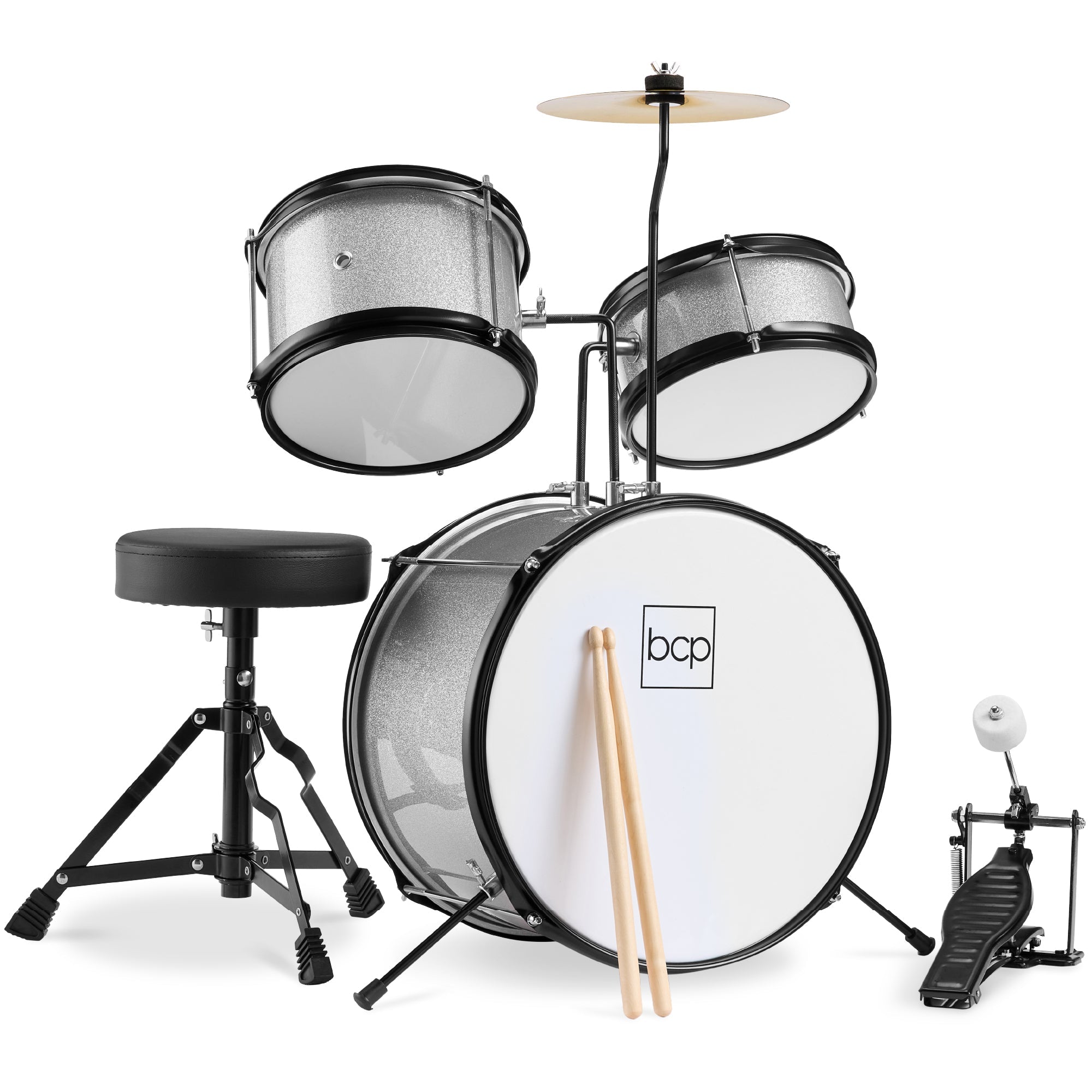 Kids Beginner 3-Piece Drum, Musical Instrument Set w/ Sticks, Stool, Pedal - Silver Sparkle