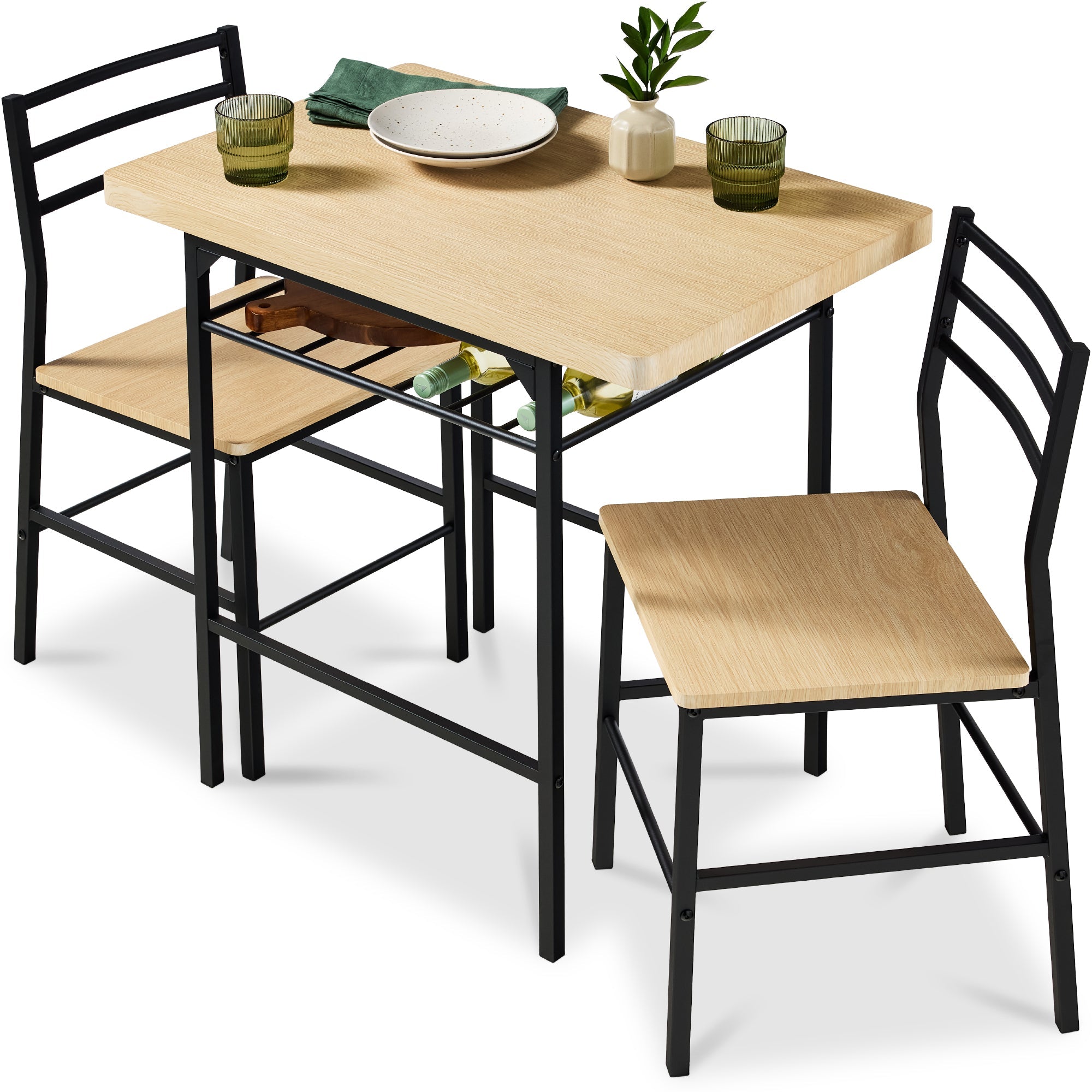 3-Piece Modern Square Dining Set w/ Storage Rack - Natural/Black