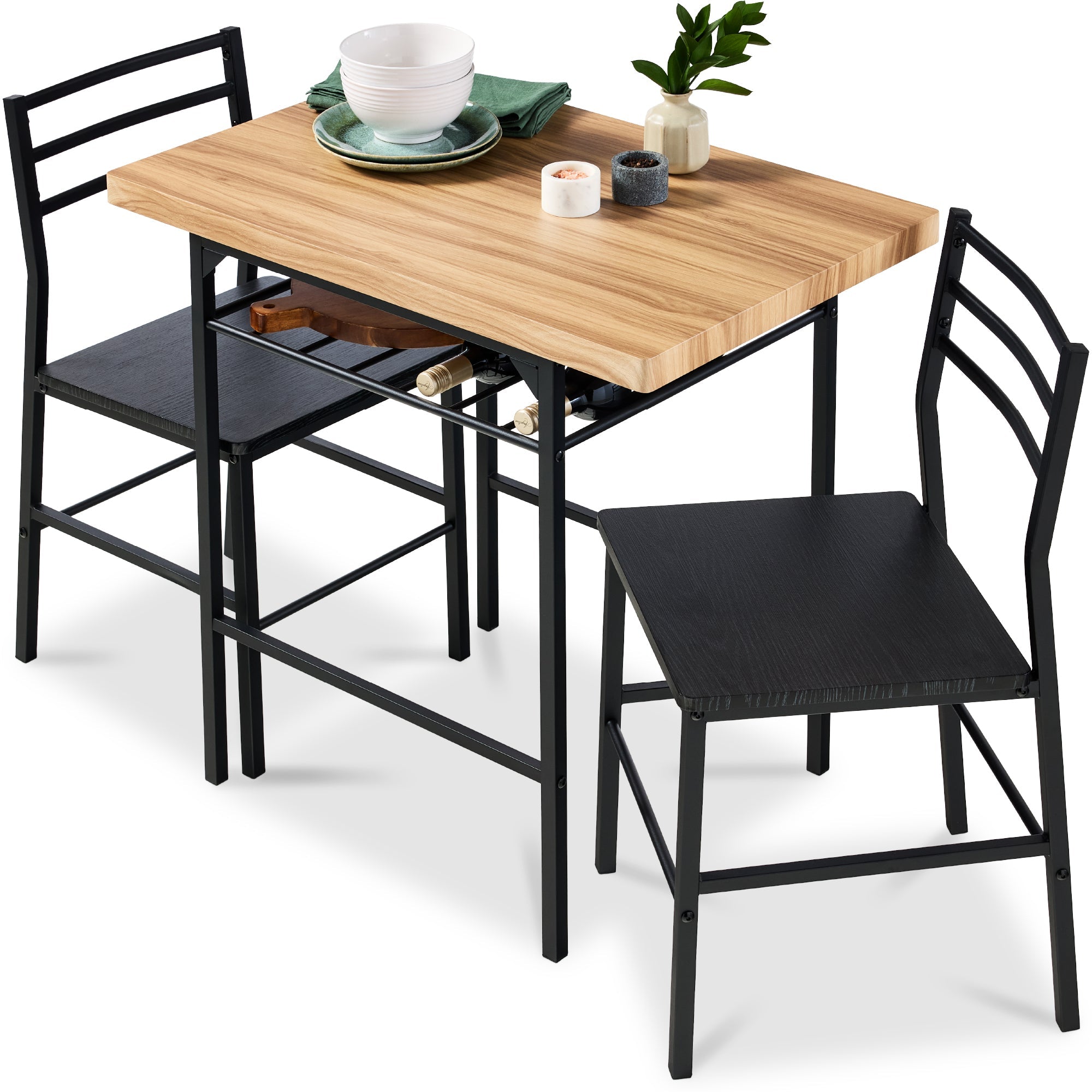 3-Piece Modern Square Dining Set w/ Storage Rack - Oak/Black