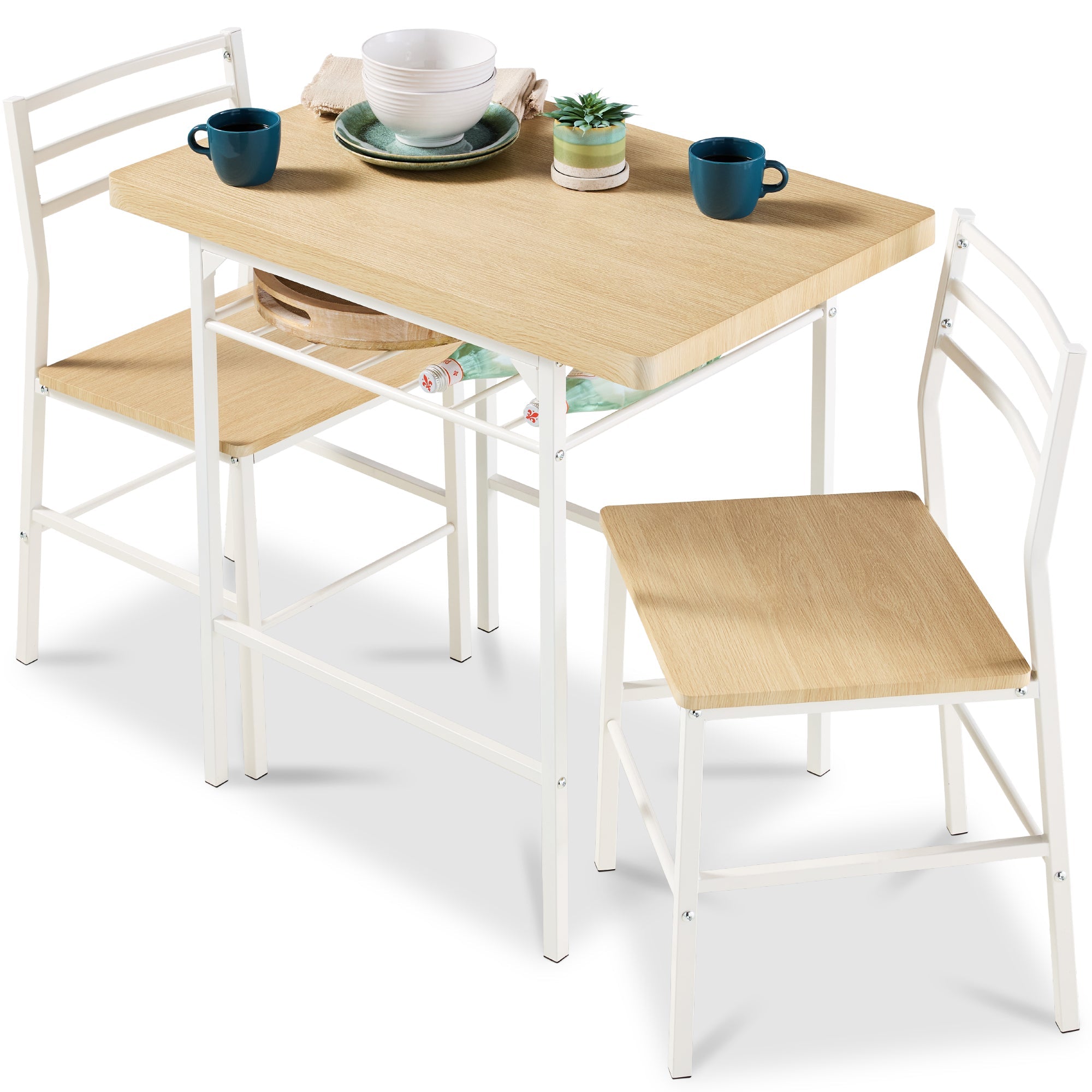 3-Piece Modern Square Dining Set w/ Storage Rack - Natural/White