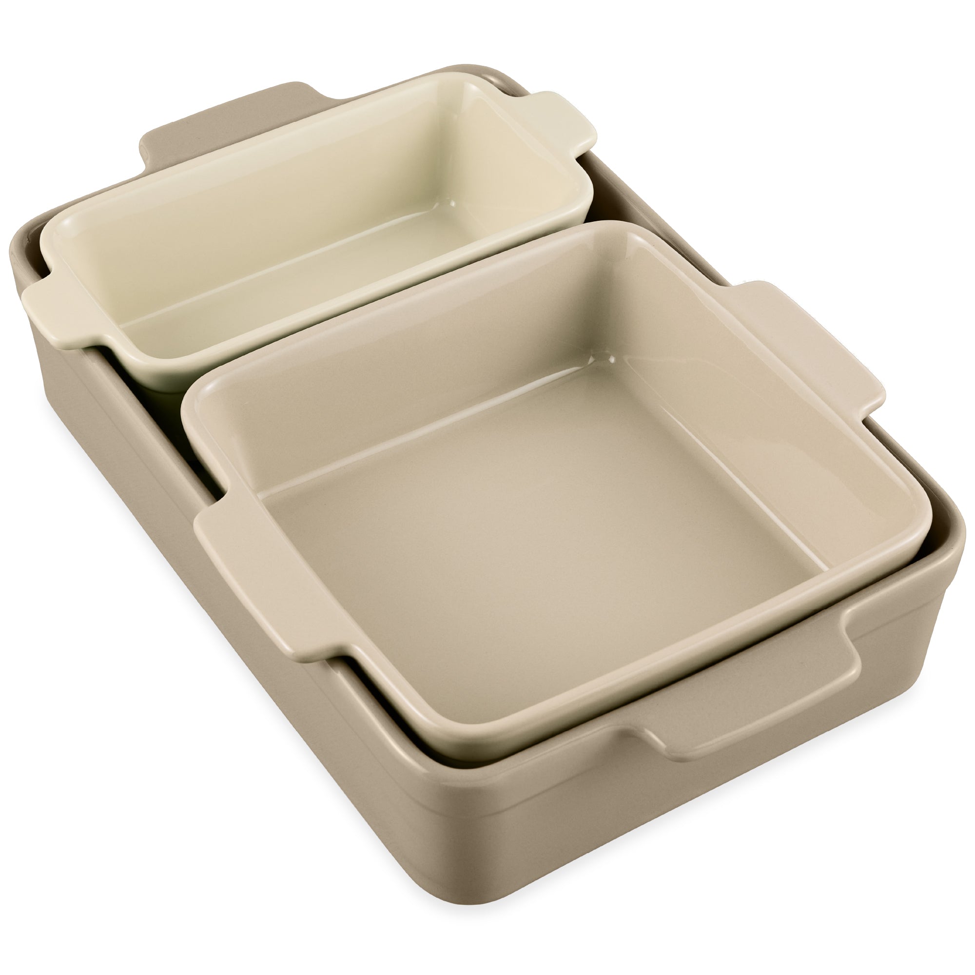 3-Piece Ceramic Bakeware Set, Stoneware Baking Dishes, Casserole Serving Set - Mushroom Beige