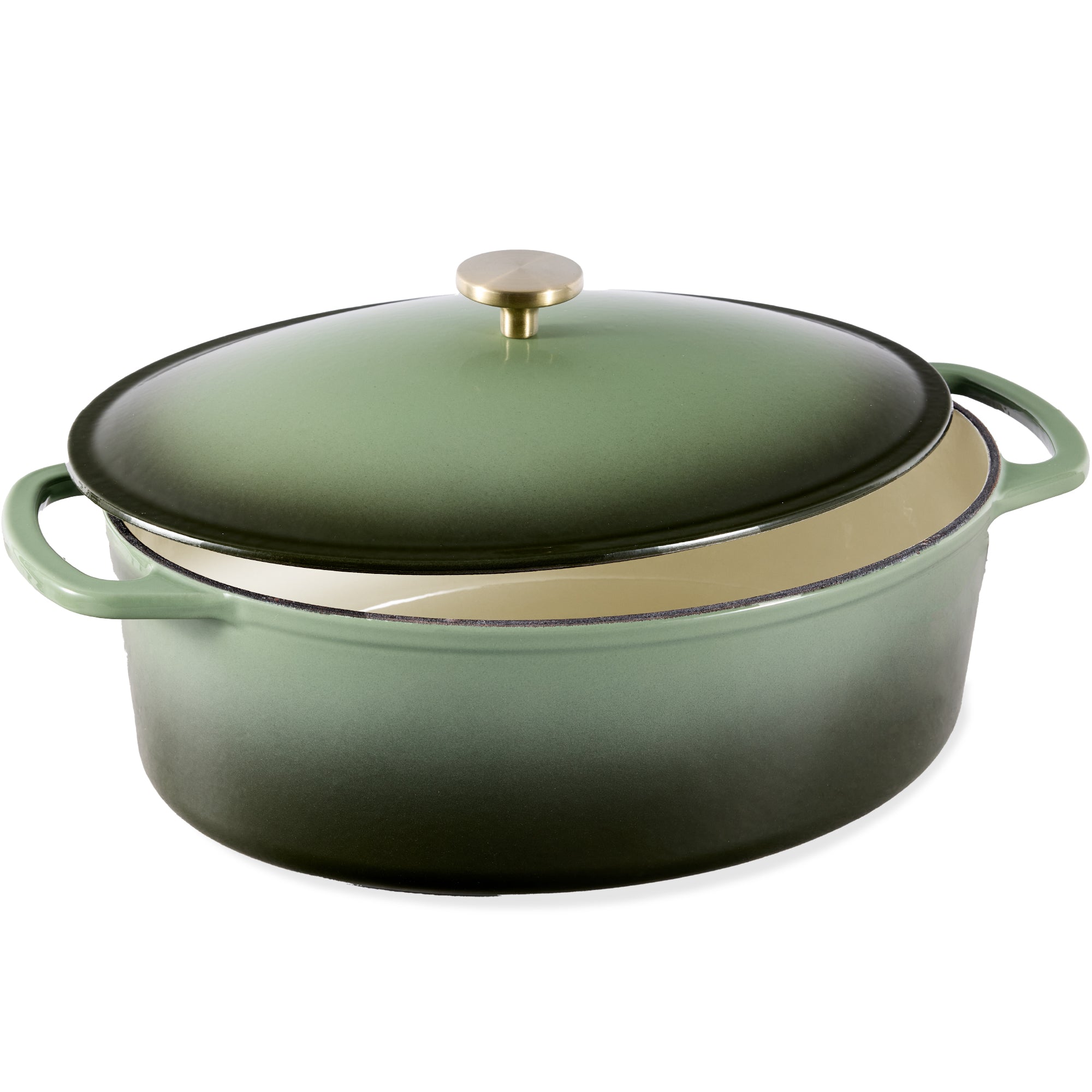 Oval Cast-Iron Dutch Oven Kitchen Cookware w/ Enamel - 7.5qt - Deep Olive Green