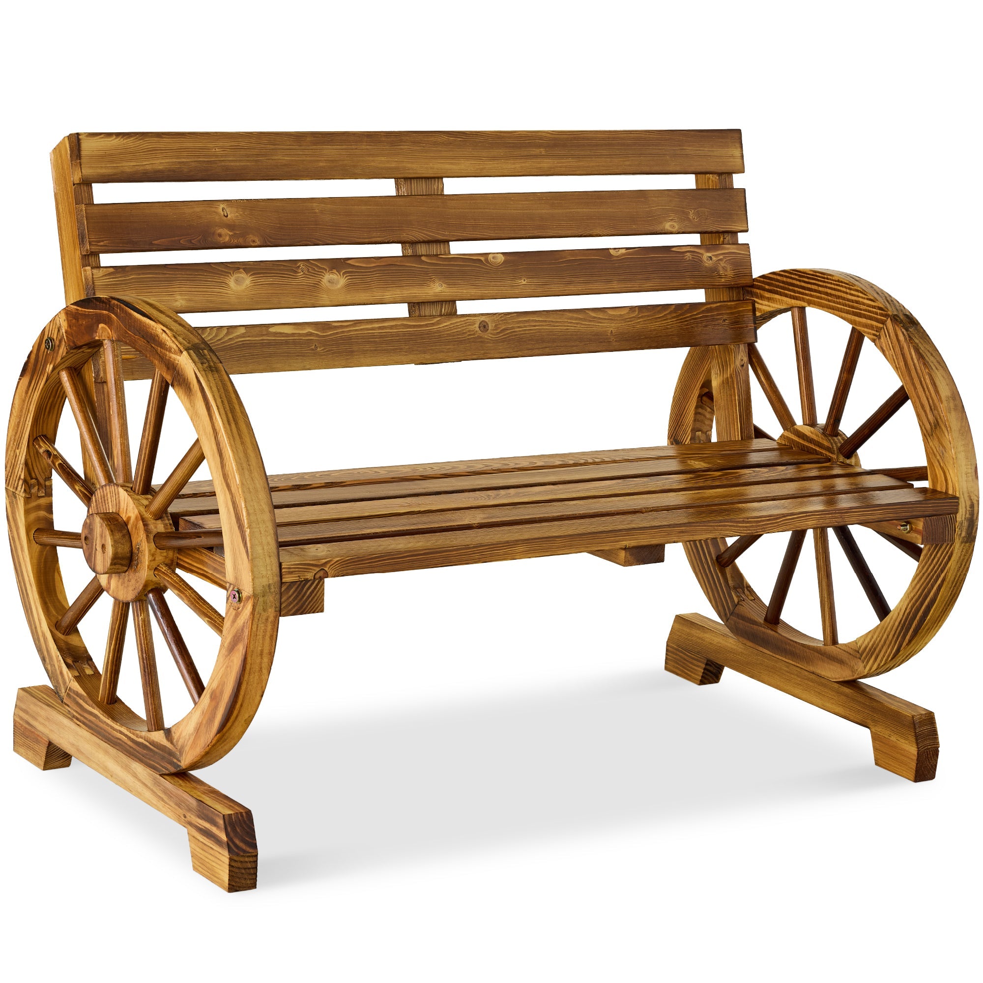 2-Person Rustic Wooden Wagon Wheel Bench w/ Slatted Seat and Backrest - Natural
