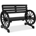 2-Person Rustic Wooden Wagon Wheel Bench w/ Slatted Seat and Backrest - Black