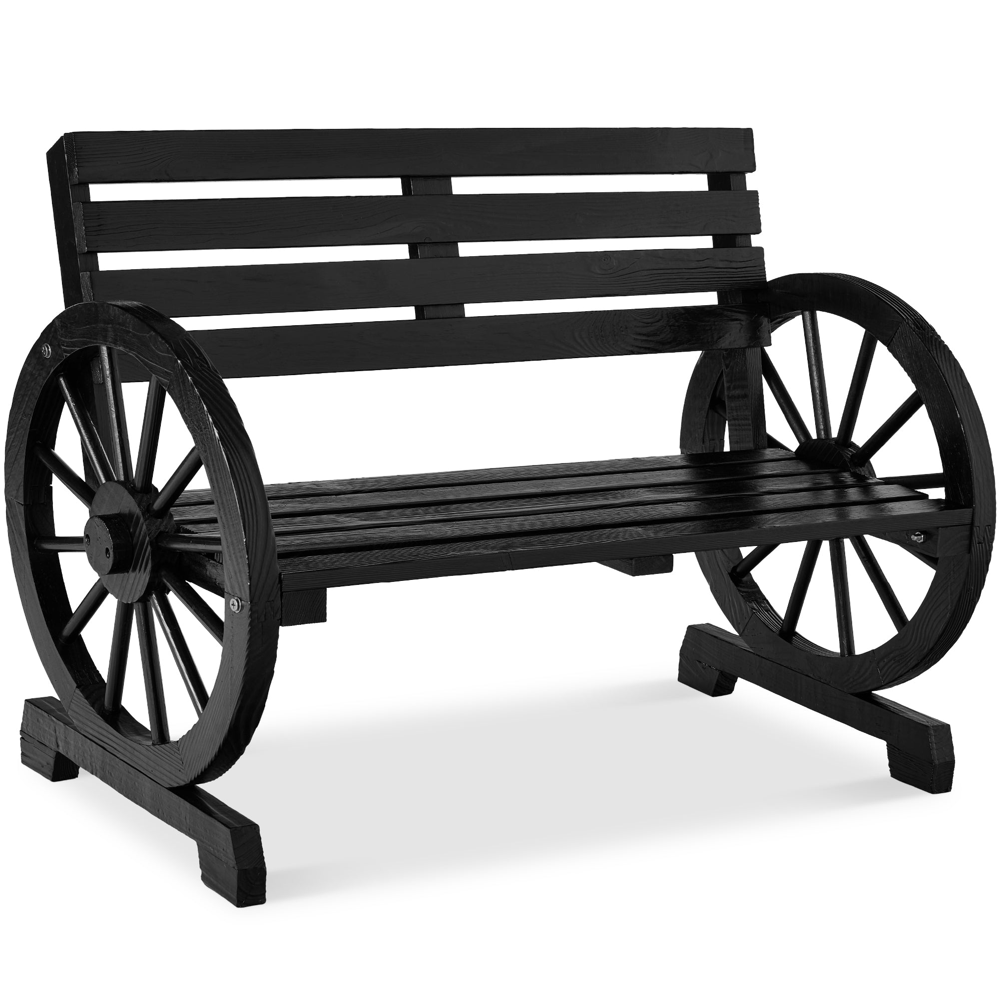 2-Person Rustic Wooden Wagon Wheel Bench w/ Slatted Seat and Backrest - Black