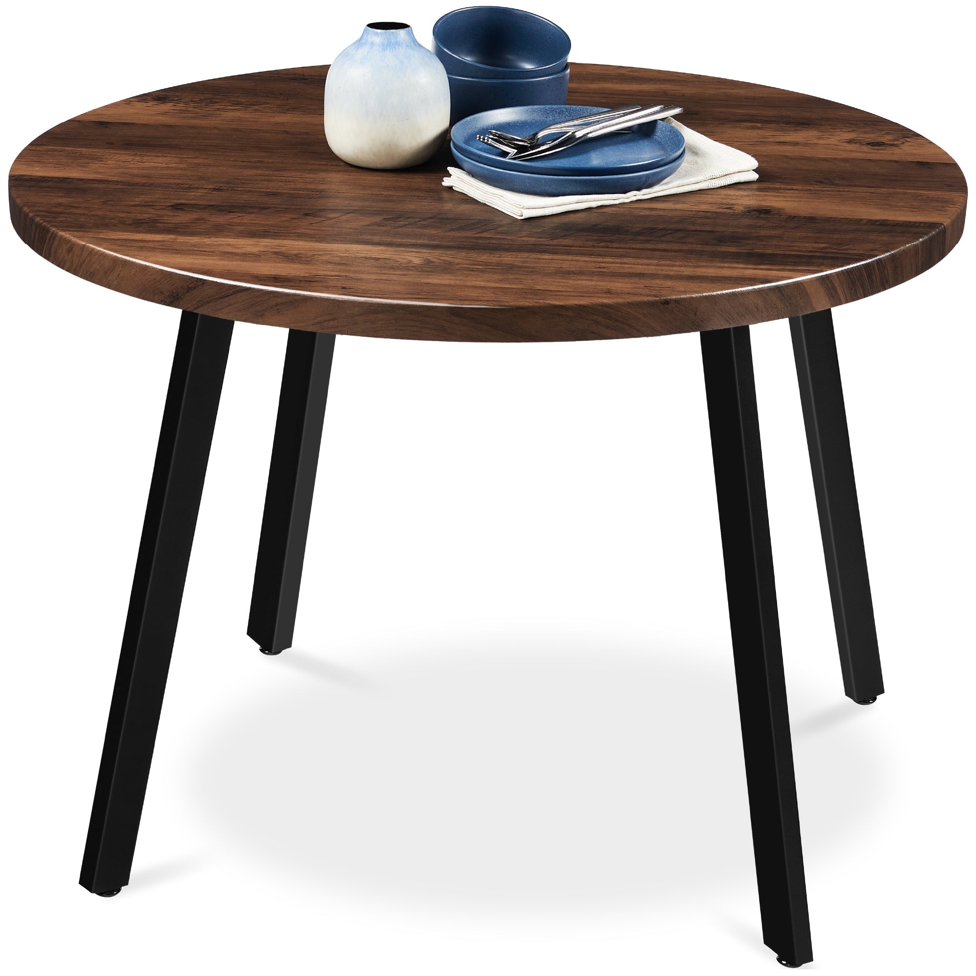 Mid-Century Modern Round Dining Table w/ Adjustable Feet - 35.5in - Dark Brown