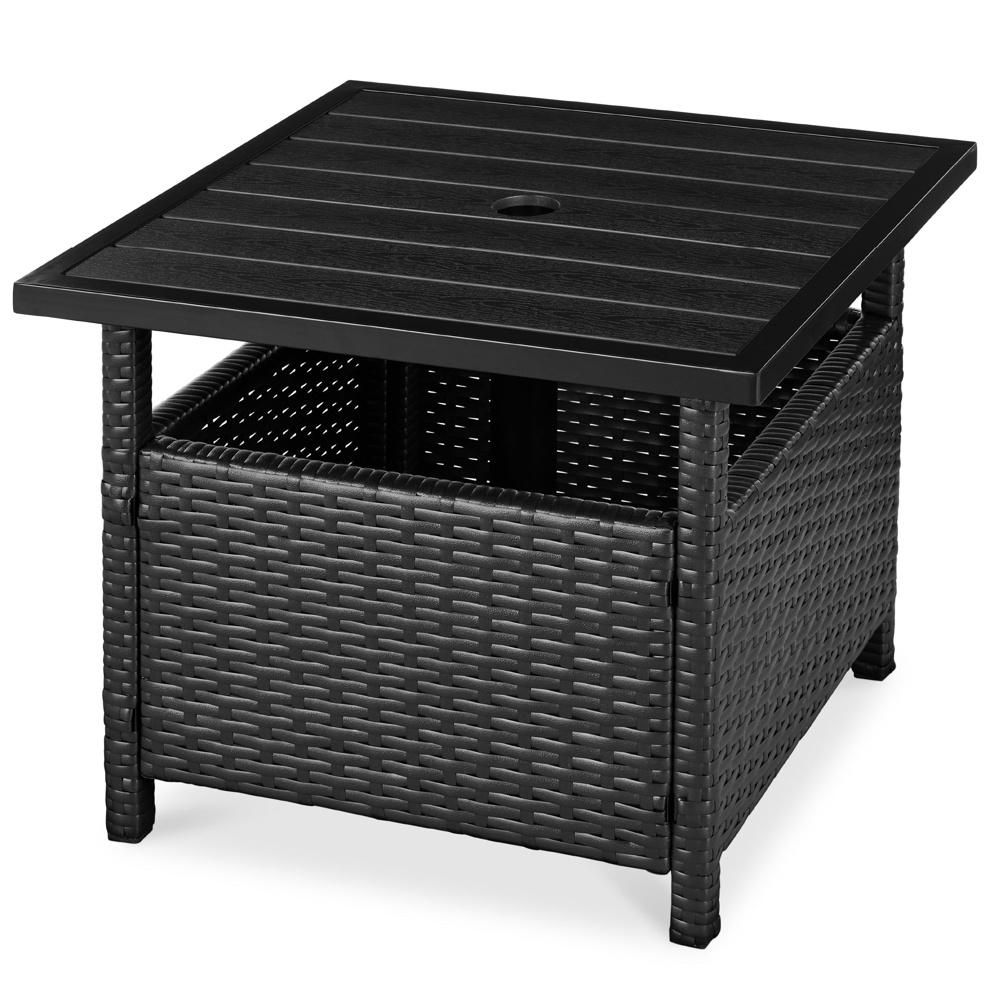 Outdoor Wicker Patio Side Table Accent Furniture w/ Umbrella Hole - Black