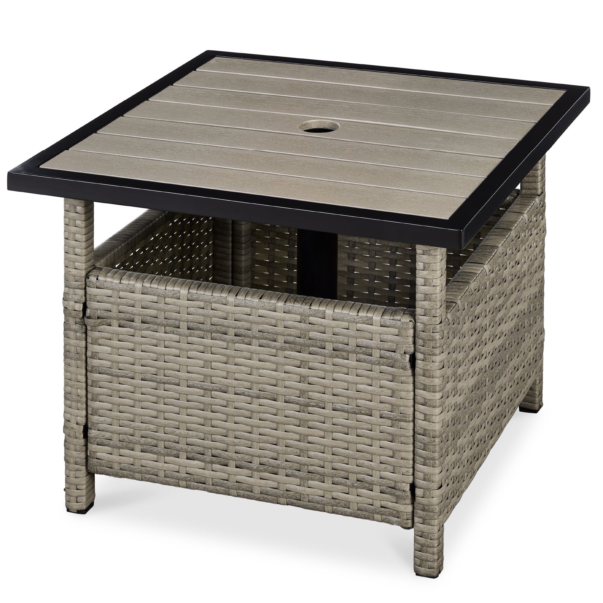 Outdoor Wicker Patio Side Table Accent Furniture w/ Umbrella Hole - Taupe