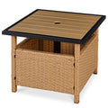 Outdoor Wicker Patio Side Table Accent Furniture w/ Umbrella Hole - Natural