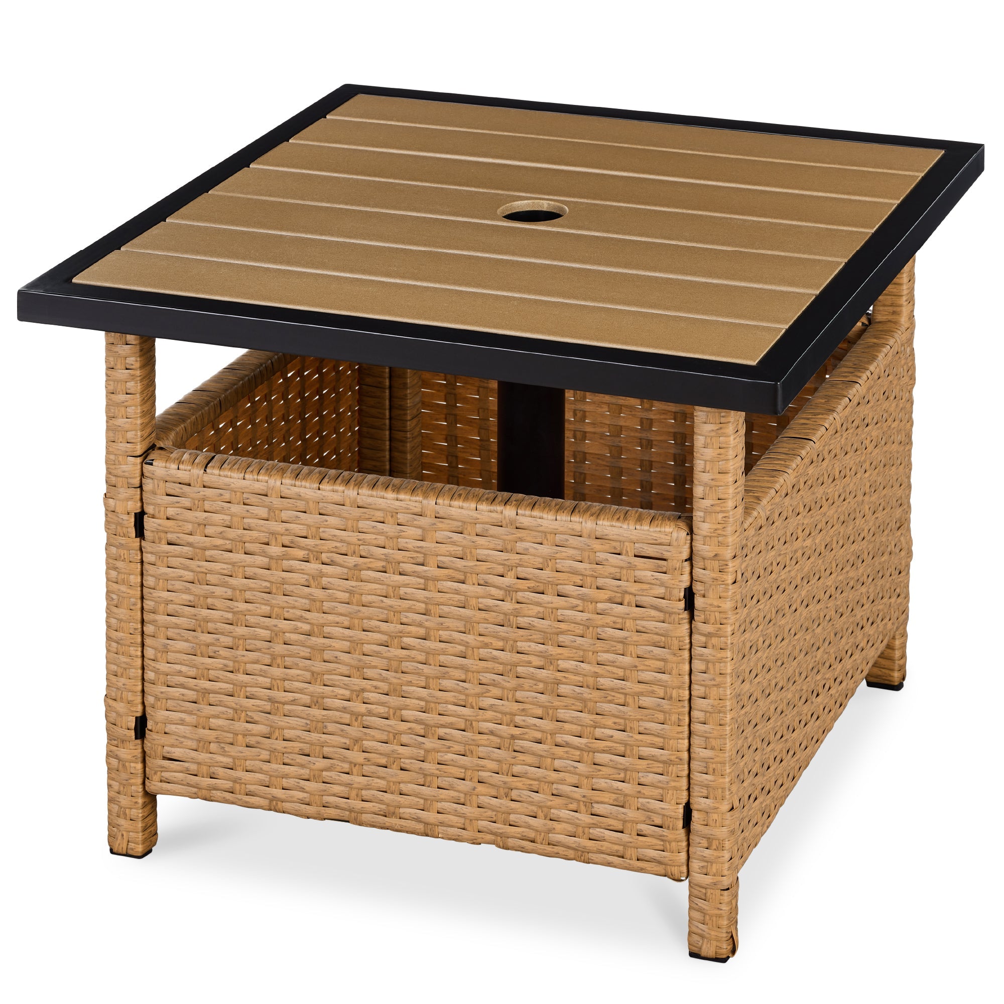 Outdoor Wicker Patio Side Table Accent Furniture w/ Umbrella Hole - Natural