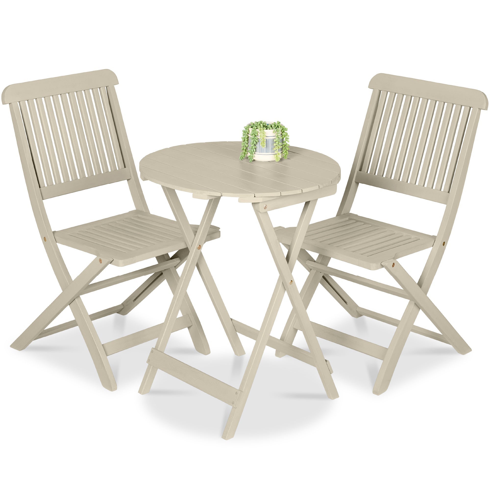 3-Piece Acacia Wood Bistro Set w/ Folding Table, 2 Chairs - Cream