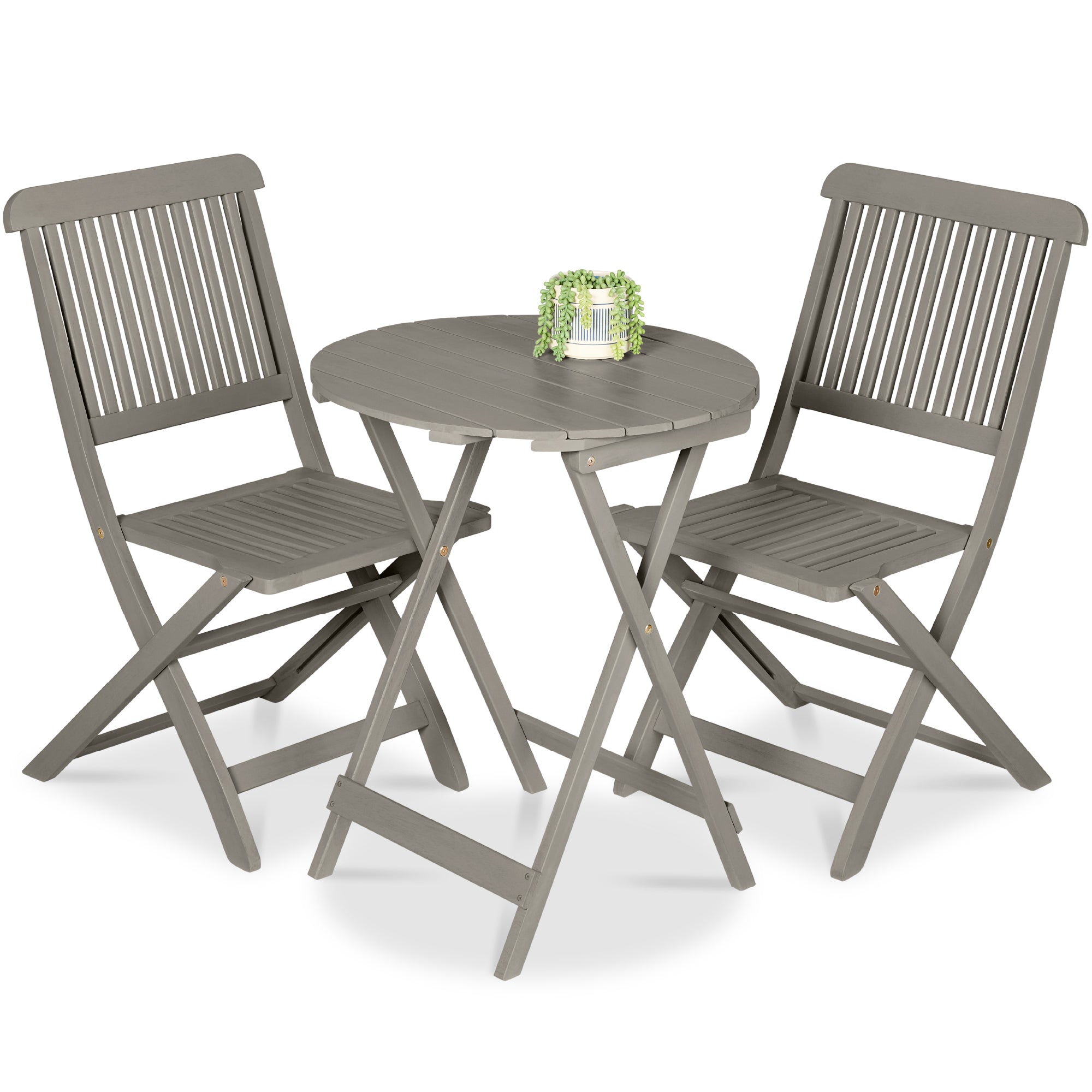 3-Piece Acacia Wood Bistro Set w/ Folding Table, 2 Chairs - Gray