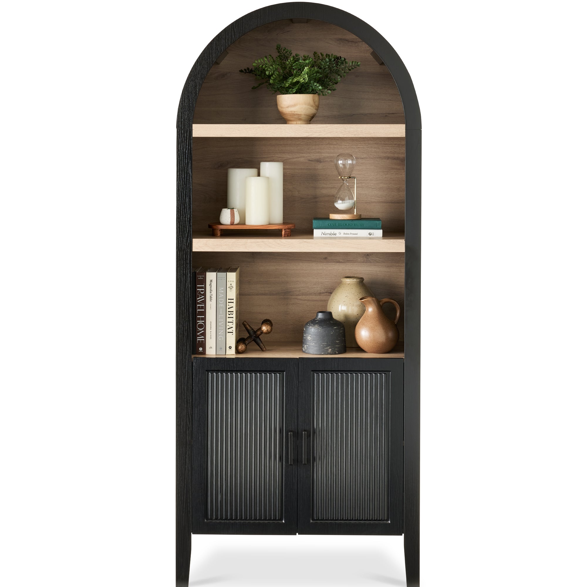 Arched 5-Tier Storage Cabinet w/ Reeded Doors, Adjustable Shelves - 72in - Black Oak