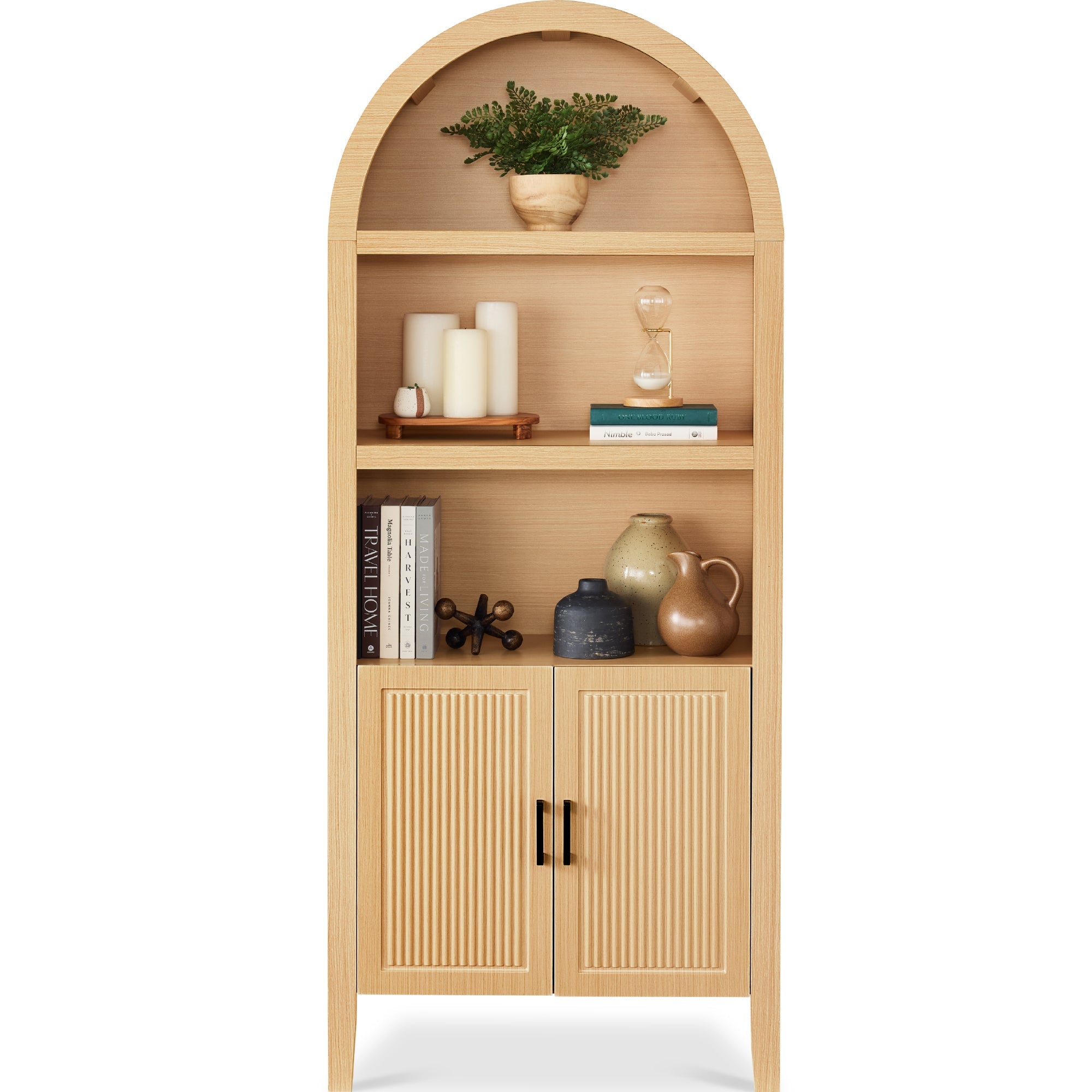 Arched 5-Tier Storage Cabinet w/ Reeded Doors, Adjustable Shelves - 72in - Natural Oak