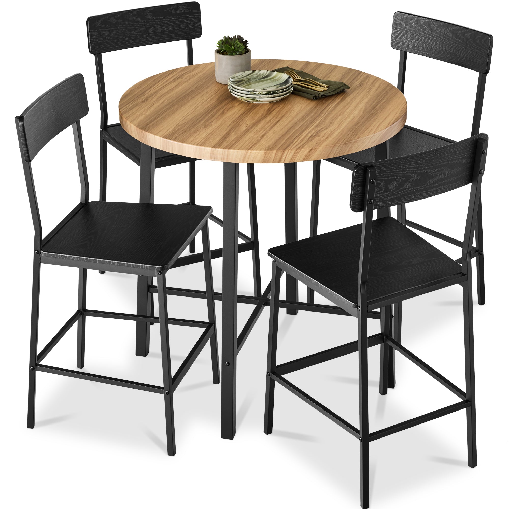 5-Piece Modern Round Counter Height Dining Set w/ 4 Chairs - Light Brown/Black