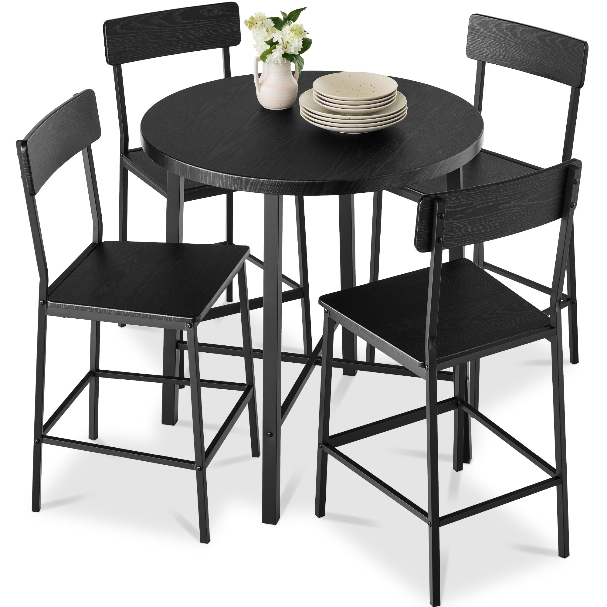 5-Piece Modern Round Counter Height Dining Set w/ 4 Chairs - Black