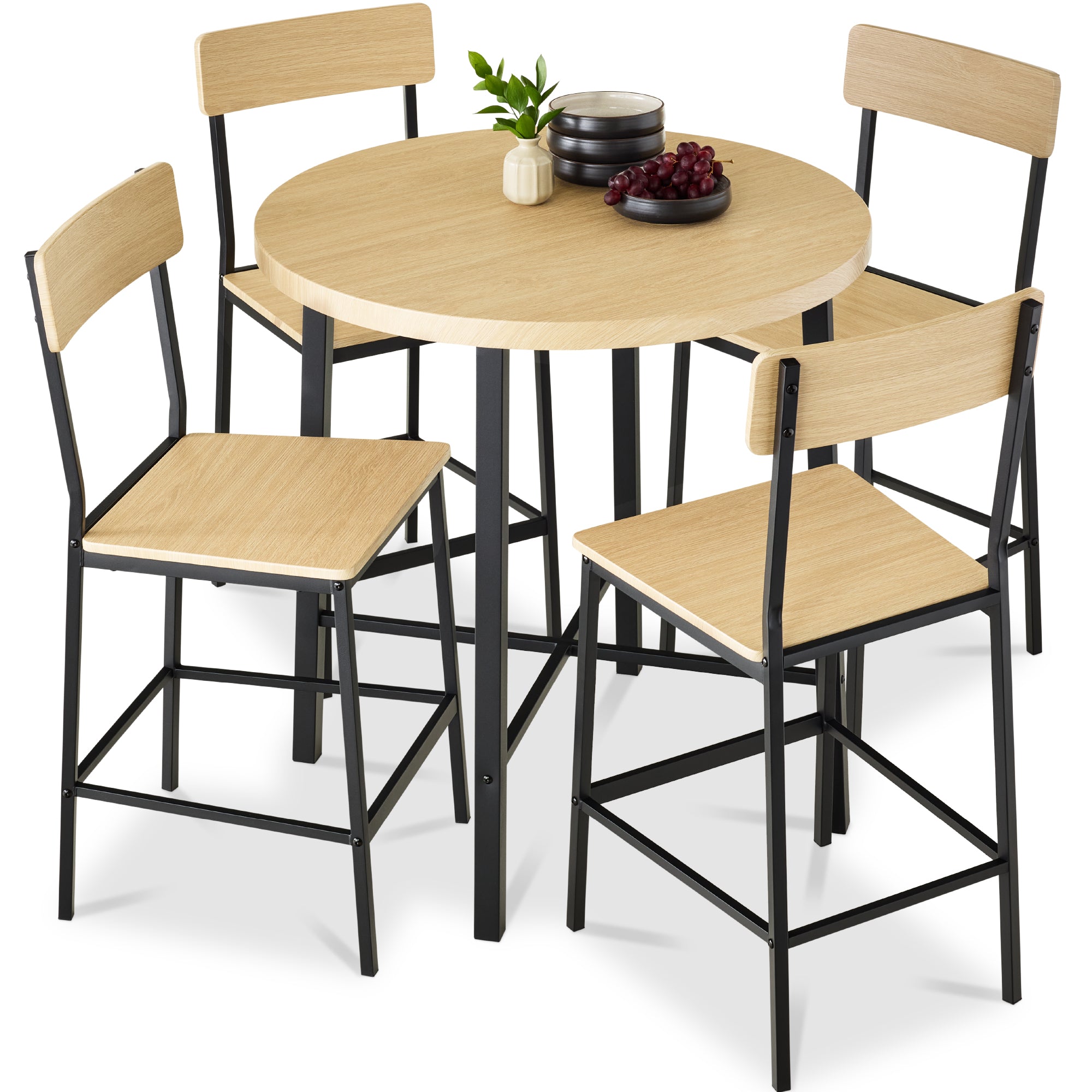 5-Piece Modern Round Counter Height Dining Set w/ 4 Chairs - Natural