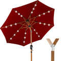 Woodgrain Pattern Solar LED Lighted Patio Umbrella w/ Adjustable Tilt - 10ft - Red