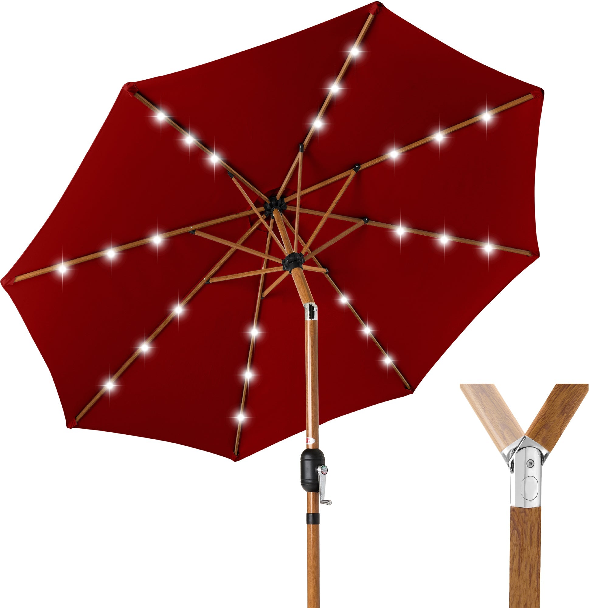 Woodgrain Pattern Solar LED Lighted Patio Umbrella w/ Adjustable Tilt - 10ft - Red
