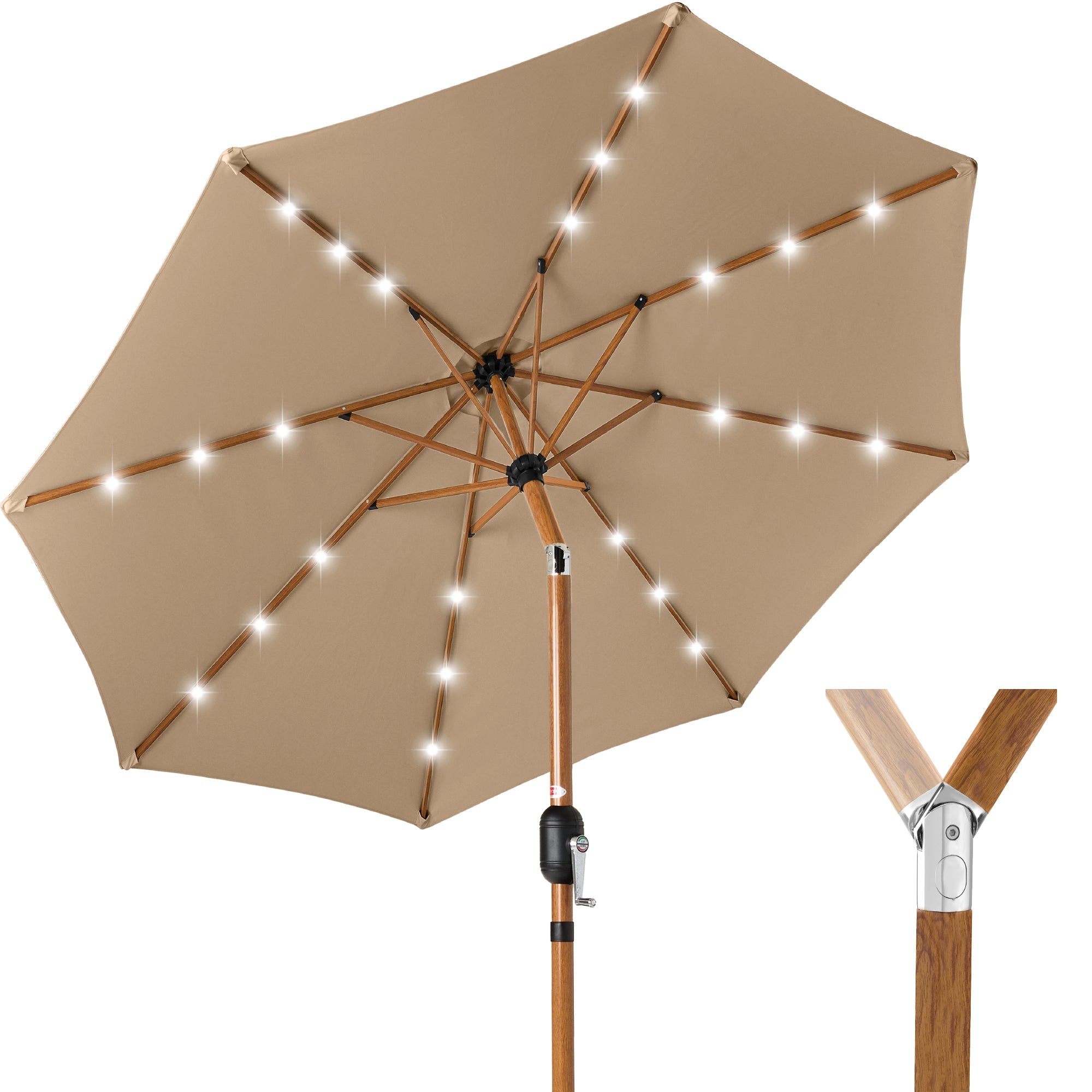 Woodgrain Pattern Solar LED Lighted Patio Umbrella w/ Adjustable Tilt - 10ft - Tan