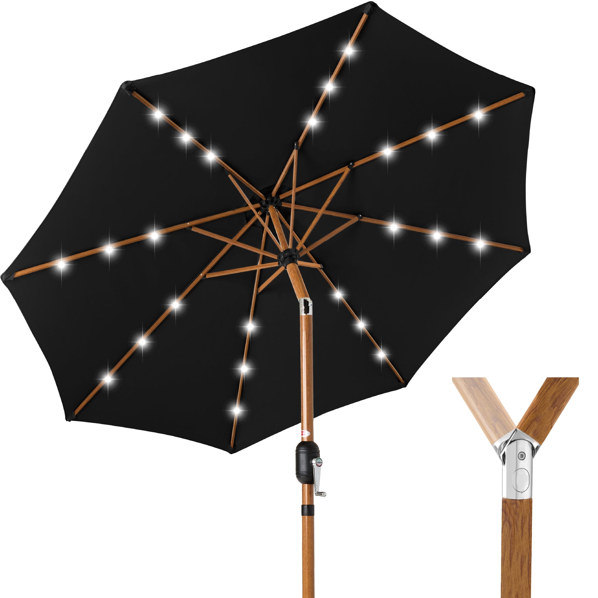 Woodgrain Pattern Solar LED Lighted Patio Umbrella w/ Adjustable Tilt - 10ft - Black