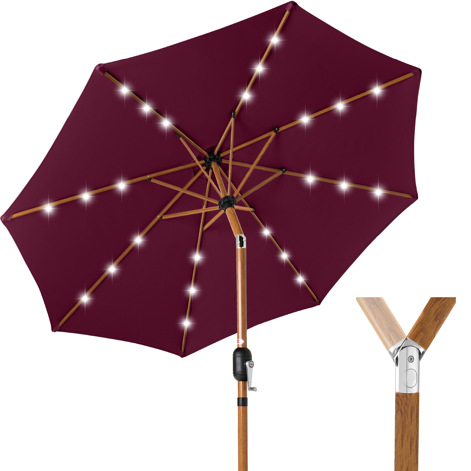 Woodgrain Pattern Solar LED Lighted Patio Umbrella w/ Adjustable Tilt - 10ft - Burgundy