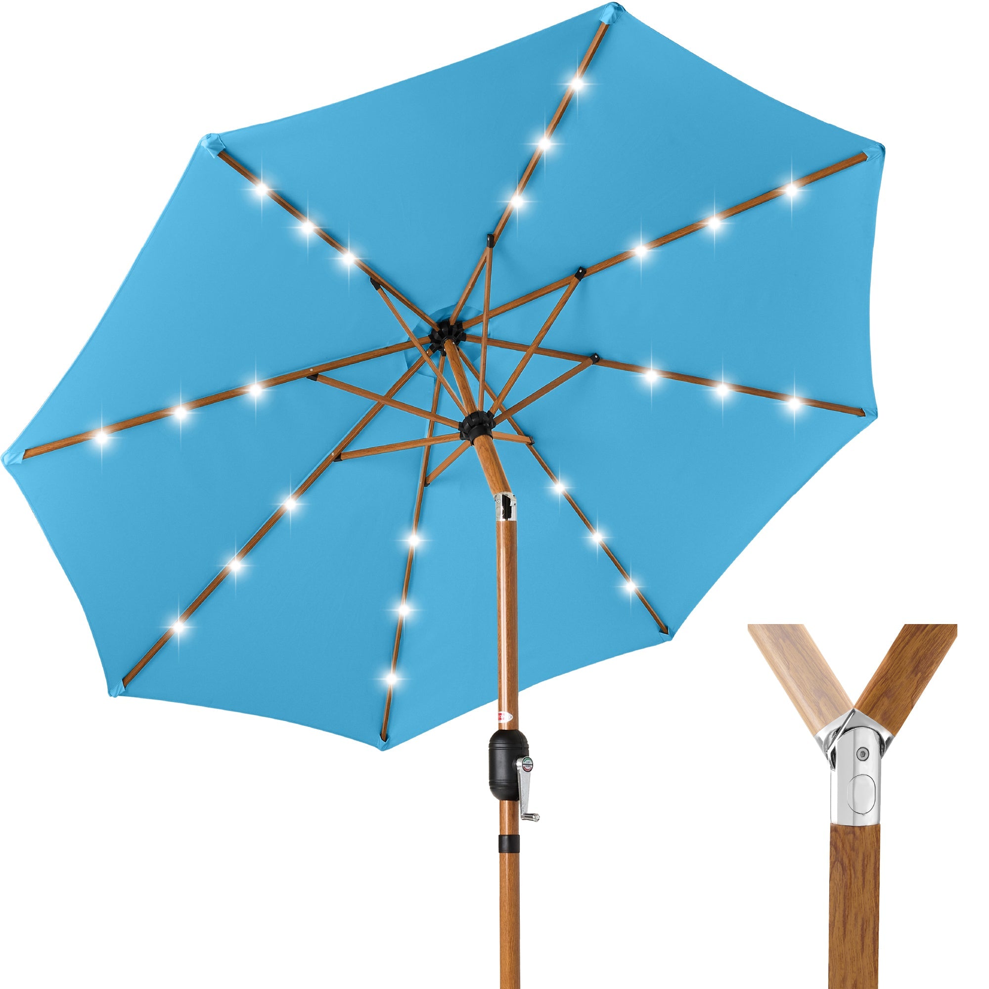 Woodgrain Pattern Solar LED Lighted Patio Umbrella w/ Adjustable Tilt - 10ft - Sky Blue
