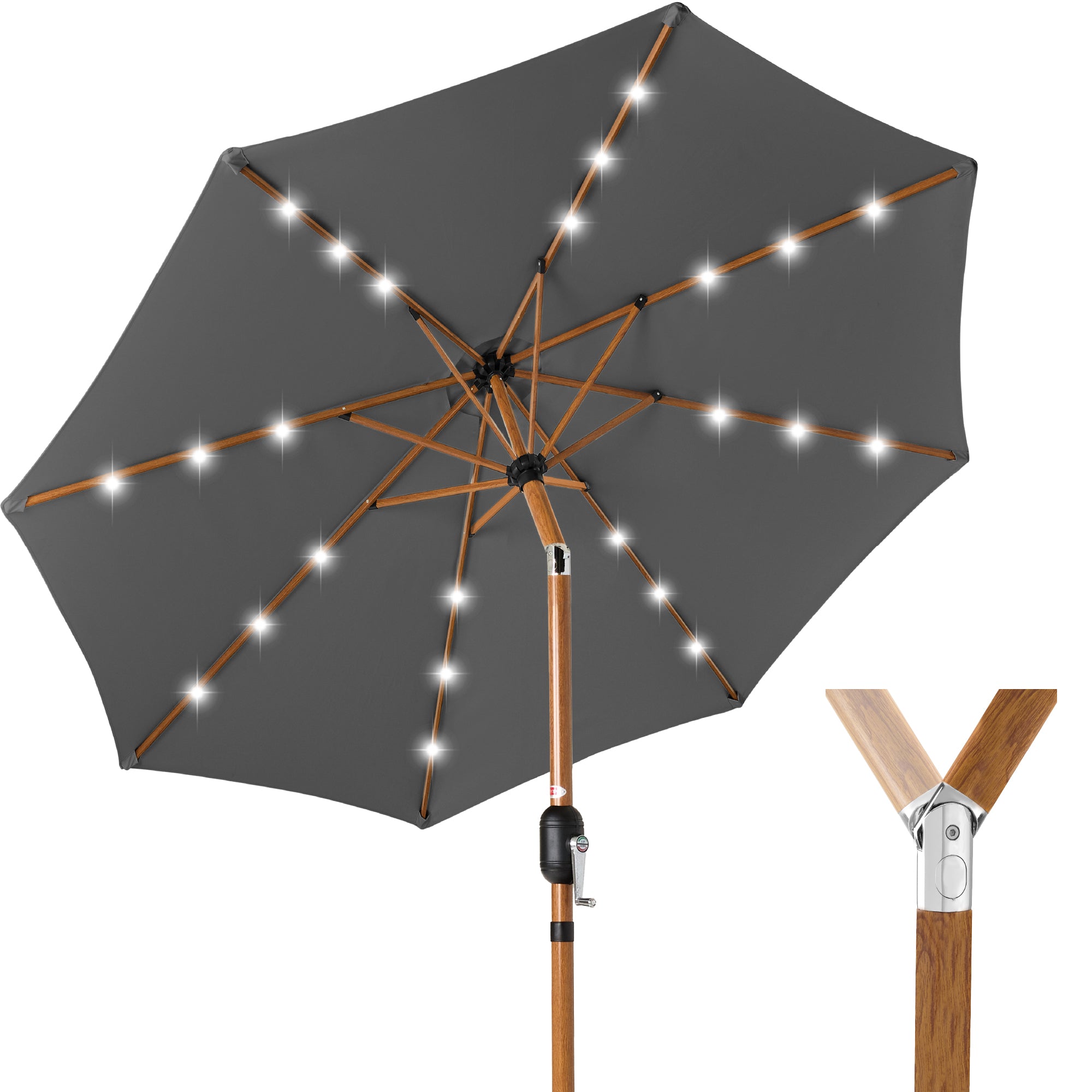 Woodgrain Pattern Solar LED Lighted Patio Umbrella w/ Adjustable Tilt - 10ft - Gray