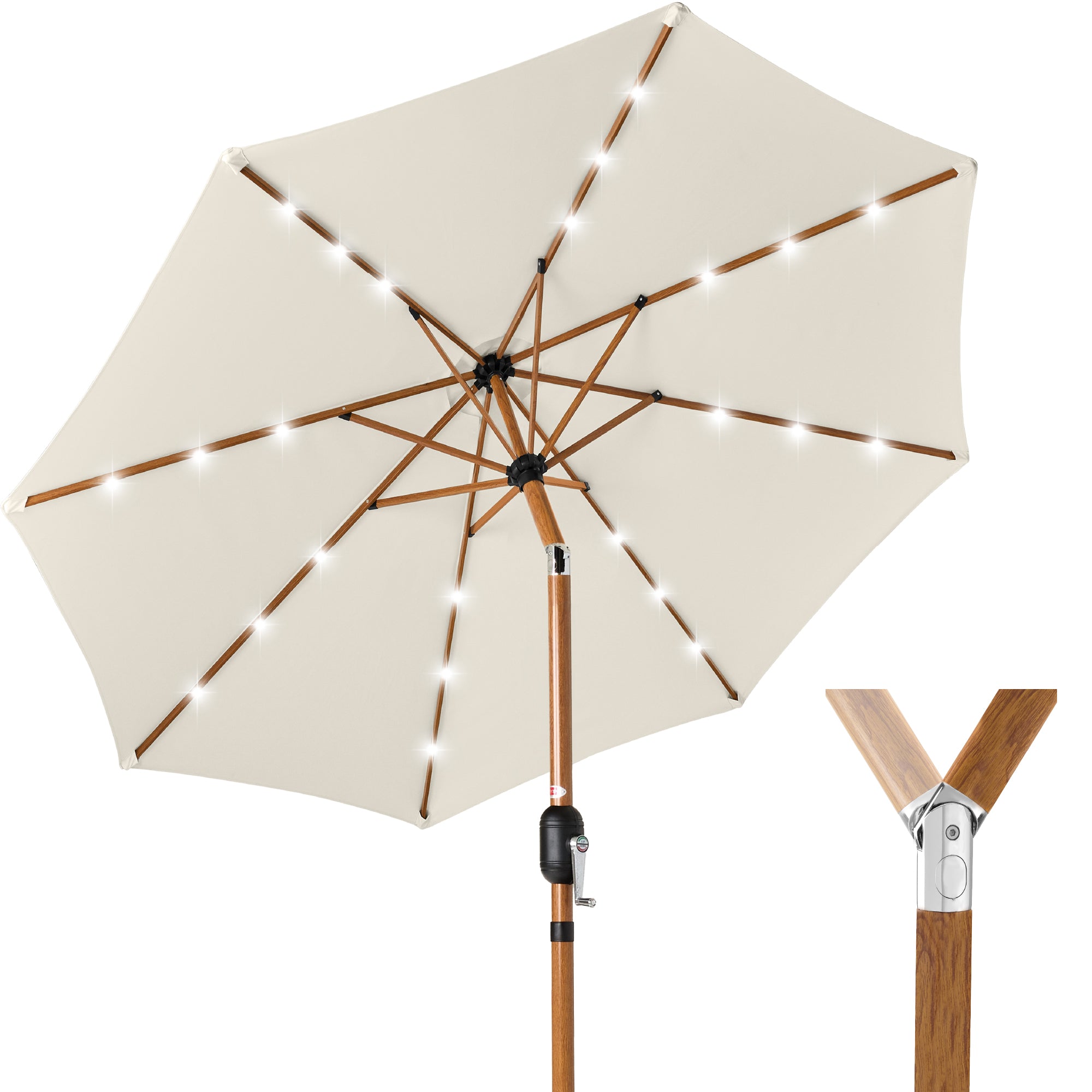 Woodgrain Pattern Solar LED Lighted Patio Umbrella w/ Adjustable Tilt - 10ft - Ivory