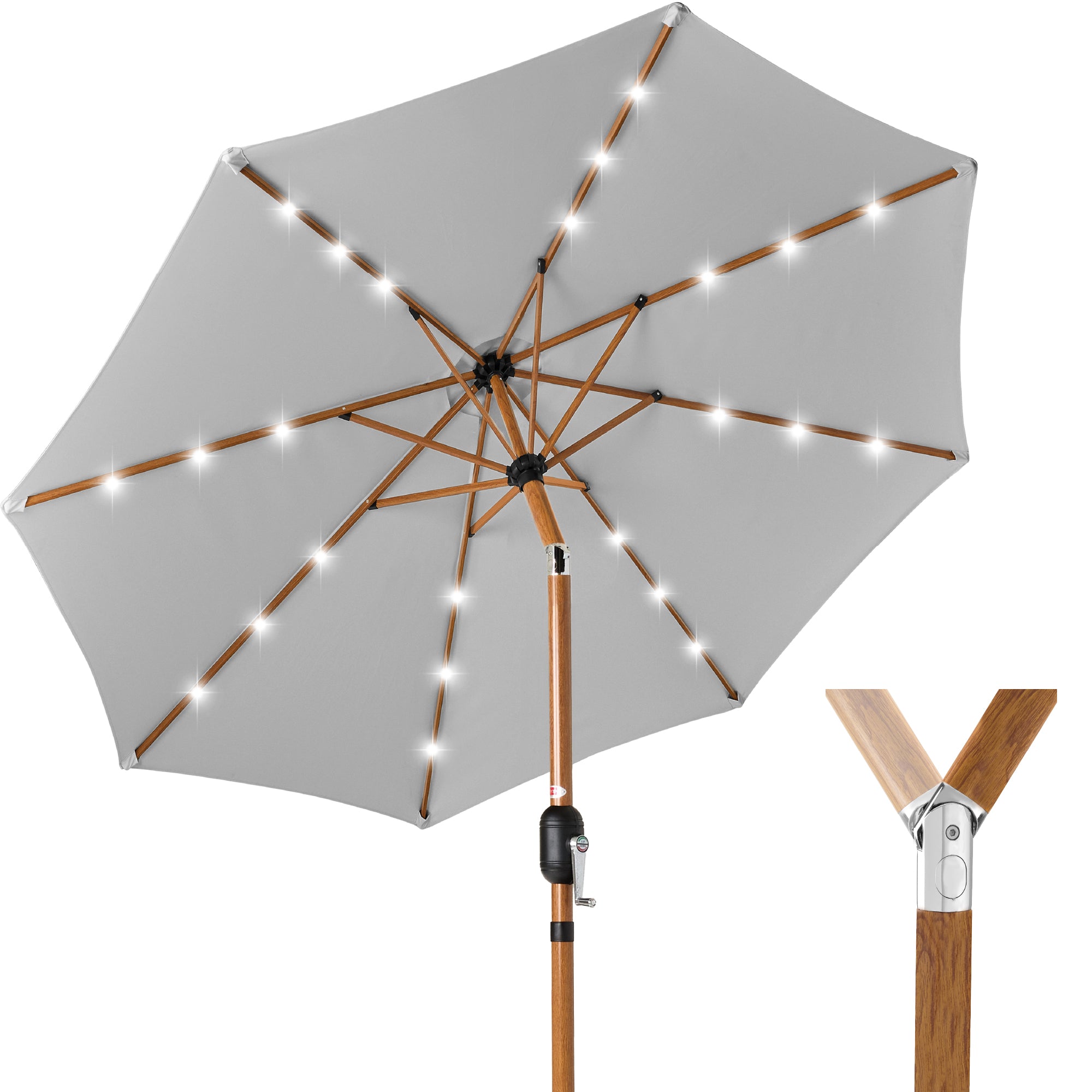 Woodgrain Pattern Solar LED Lighted Patio Umbrella w/ Adjustable Tilt - 10ft - Fog Gray