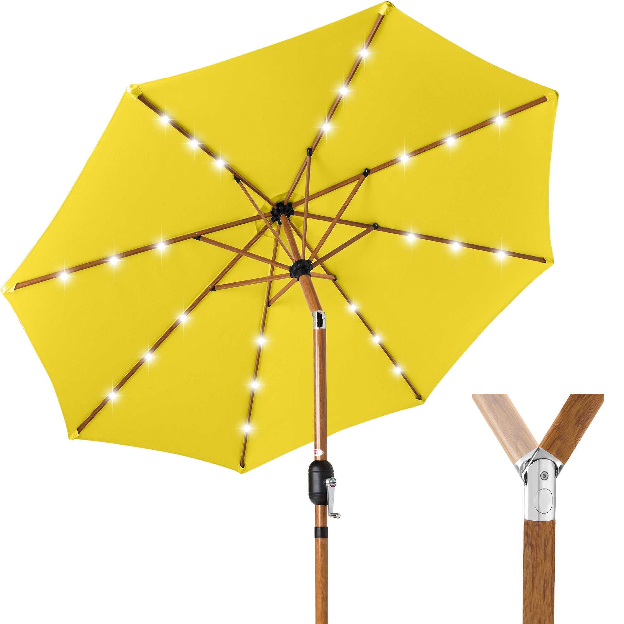 Woodgrain Pattern Solar LED Lighted Patio Umbrella w/ Adjustable Tilt - 10ft - Yellow