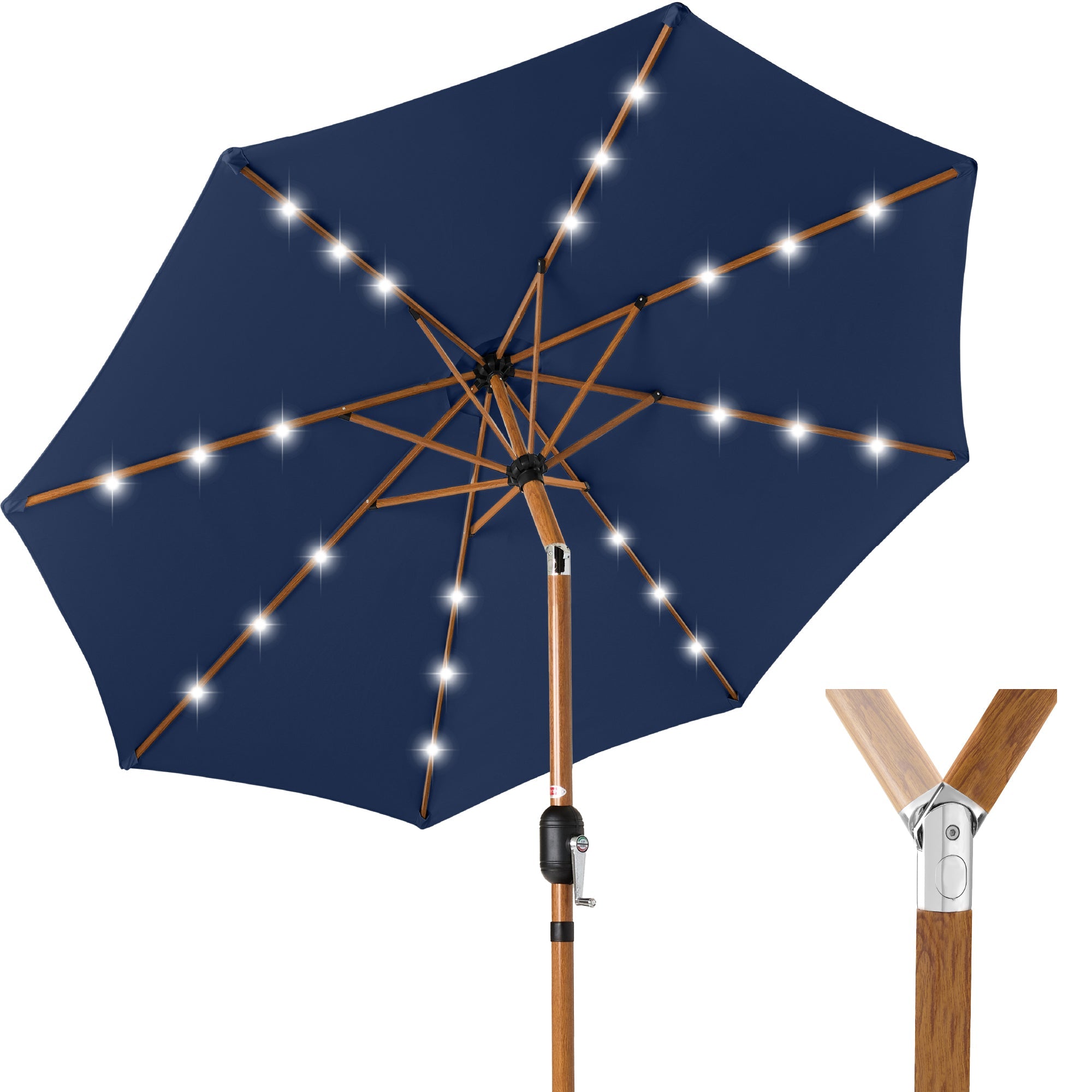 Woodgrain Pattern Solar LED Lighted Patio Umbrella w/ Adjustable Tilt - 10ft - Navy Blue