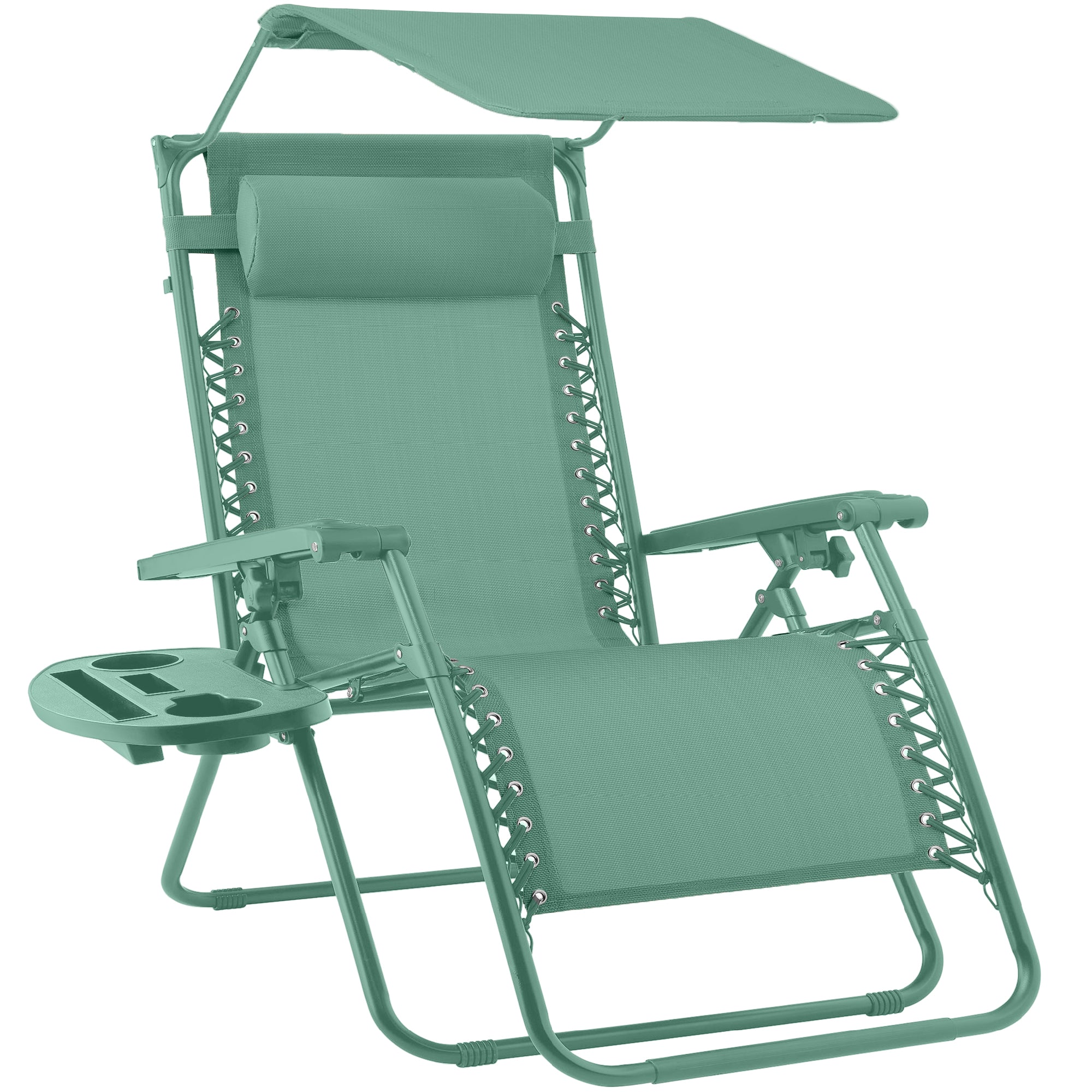 Folding Zero Gravity Recliner Patio Lounge Chair w/ Canopy, Side Tray - Seafoam