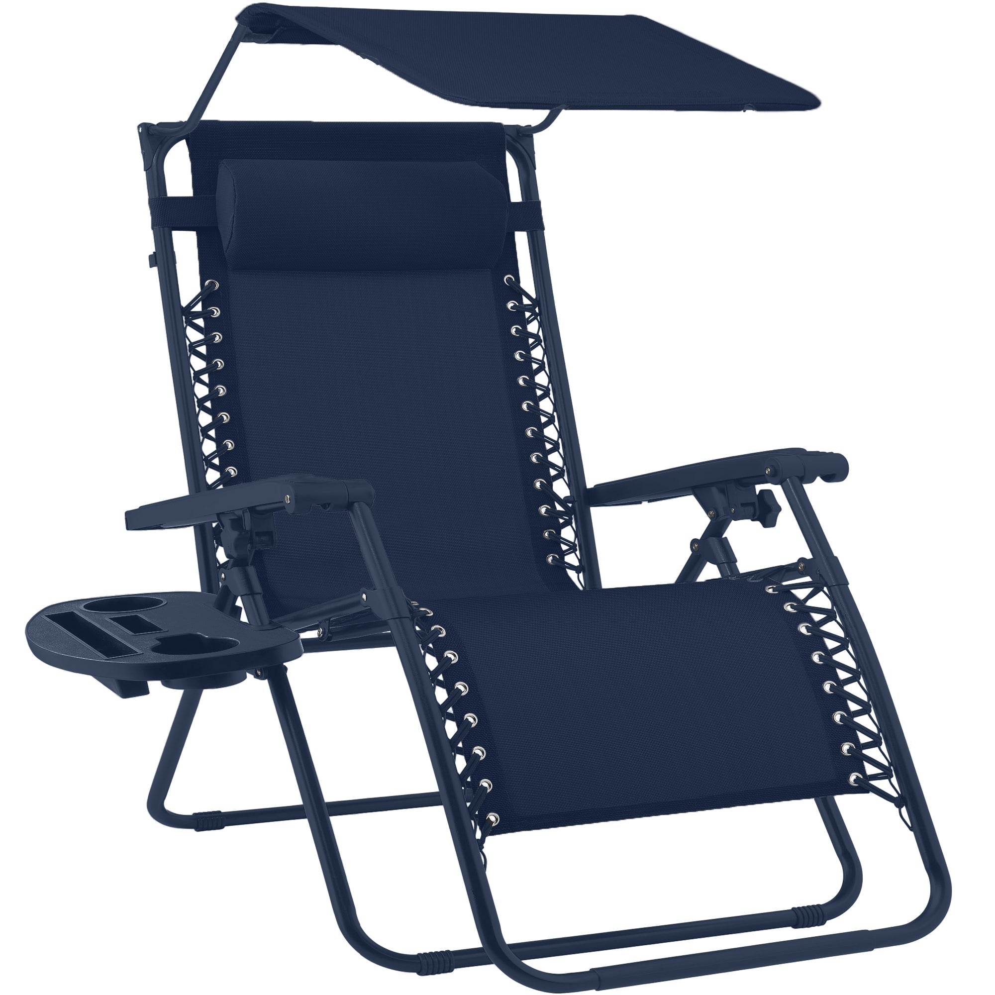 Folding Zero Gravity Recliner Patio Lounge Chair w/ Canopy, Side Tray - Navy