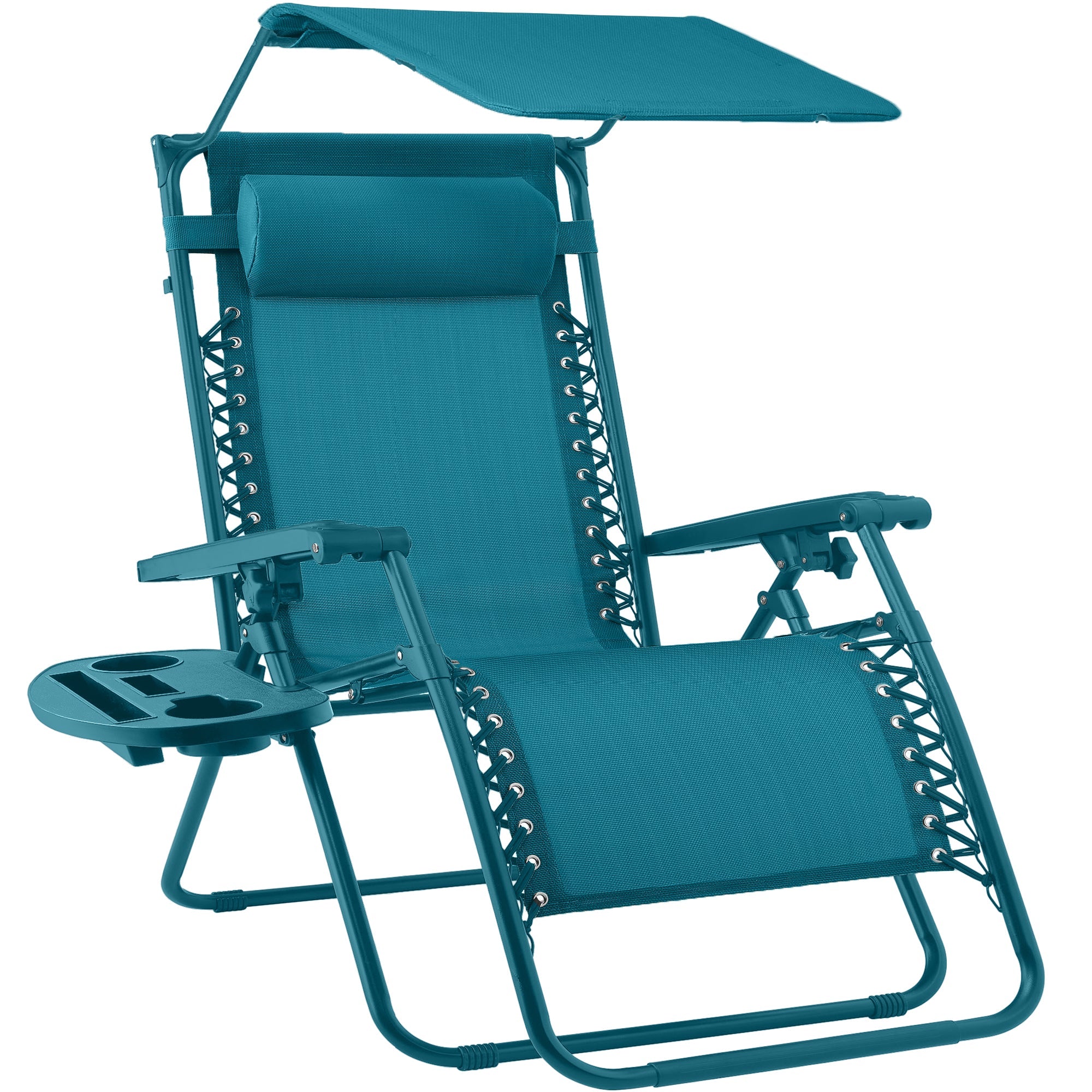 Folding Zero Gravity Recliner Patio Lounge Chair w/ Canopy, Side Tray - Peacock