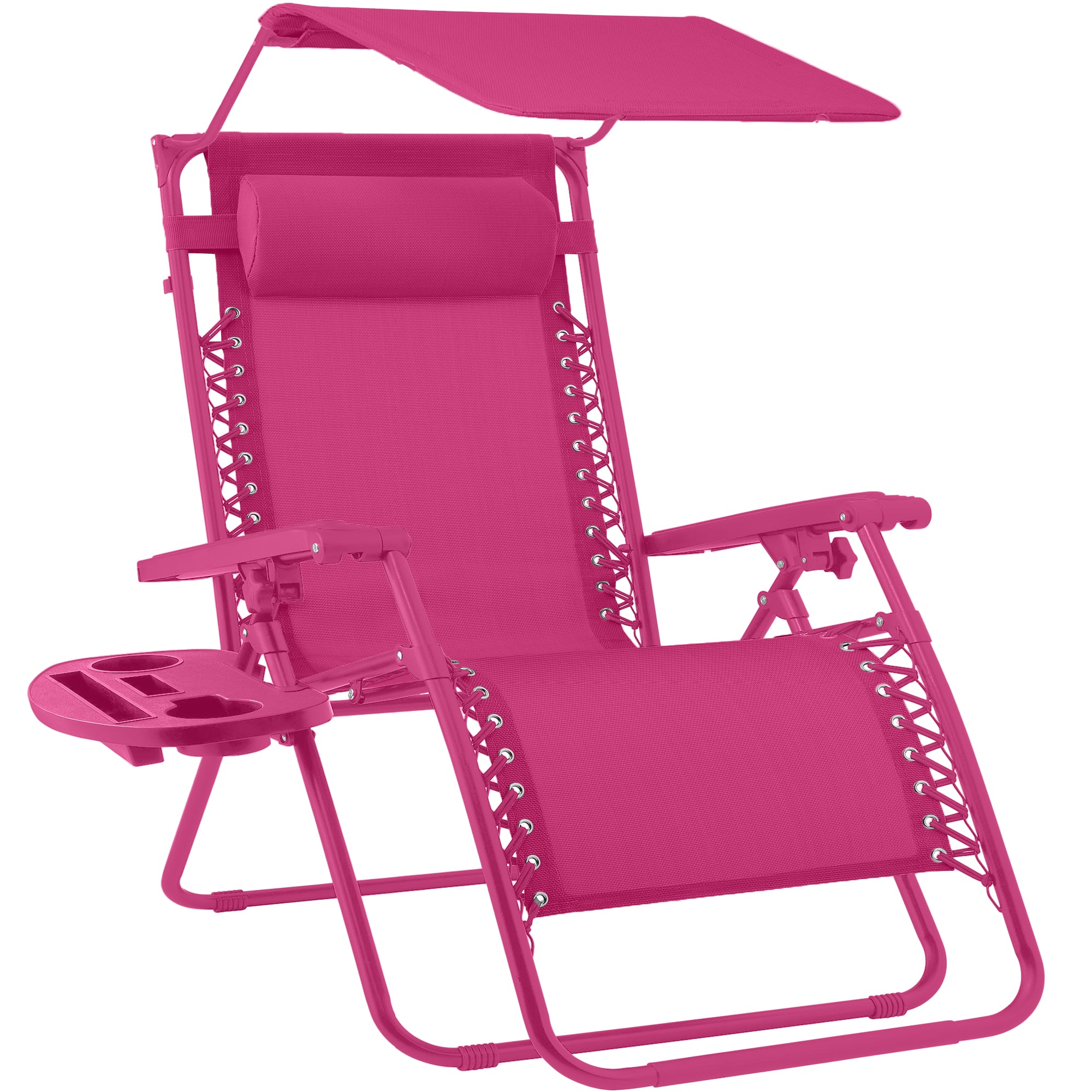 Folding Zero Gravity Recliner Patio Lounge Chair w/ Canopy, Side Tray - Ultimate Pink
