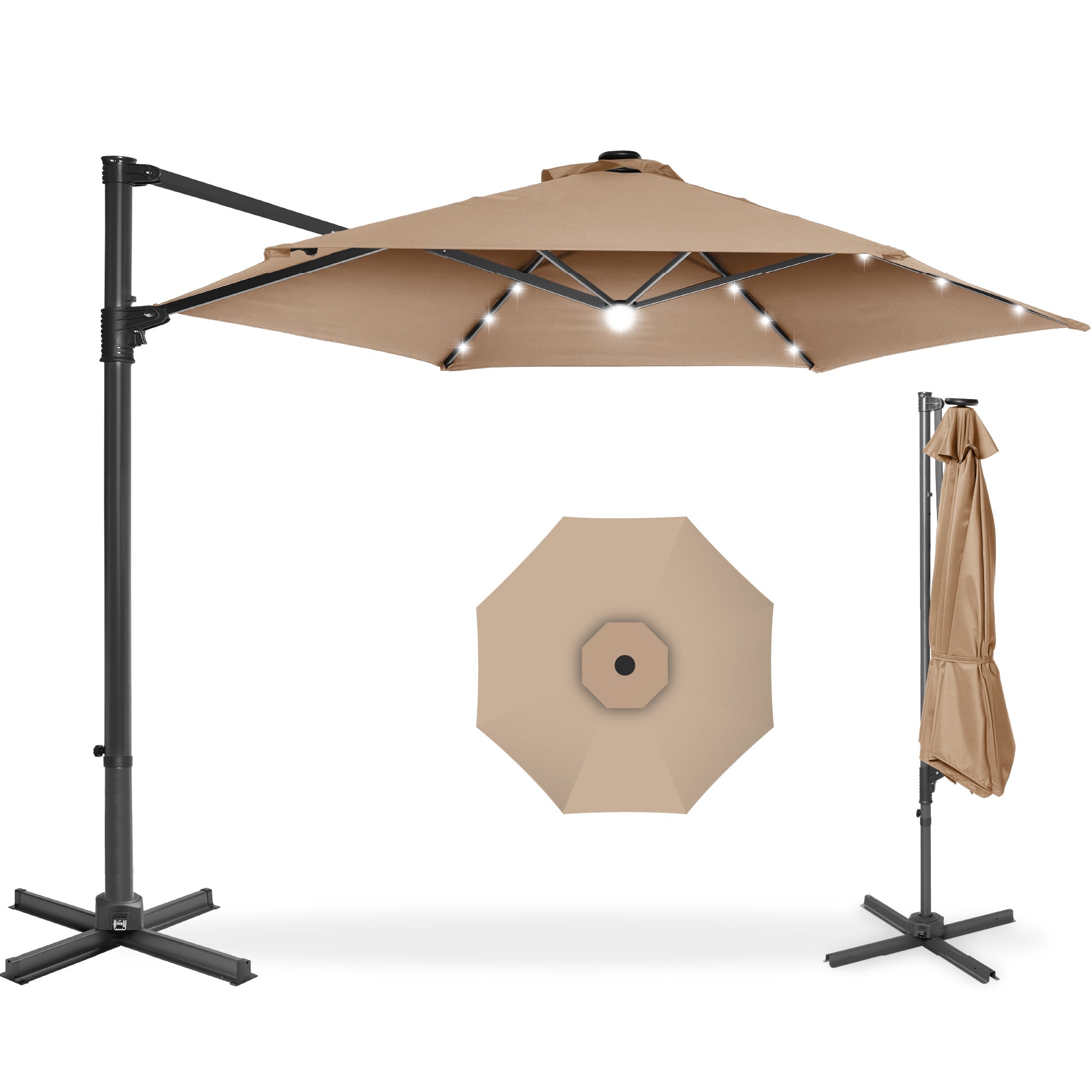 360 LED Rotating Cantilever Offset Patio Umbrella - 10ft - Tan