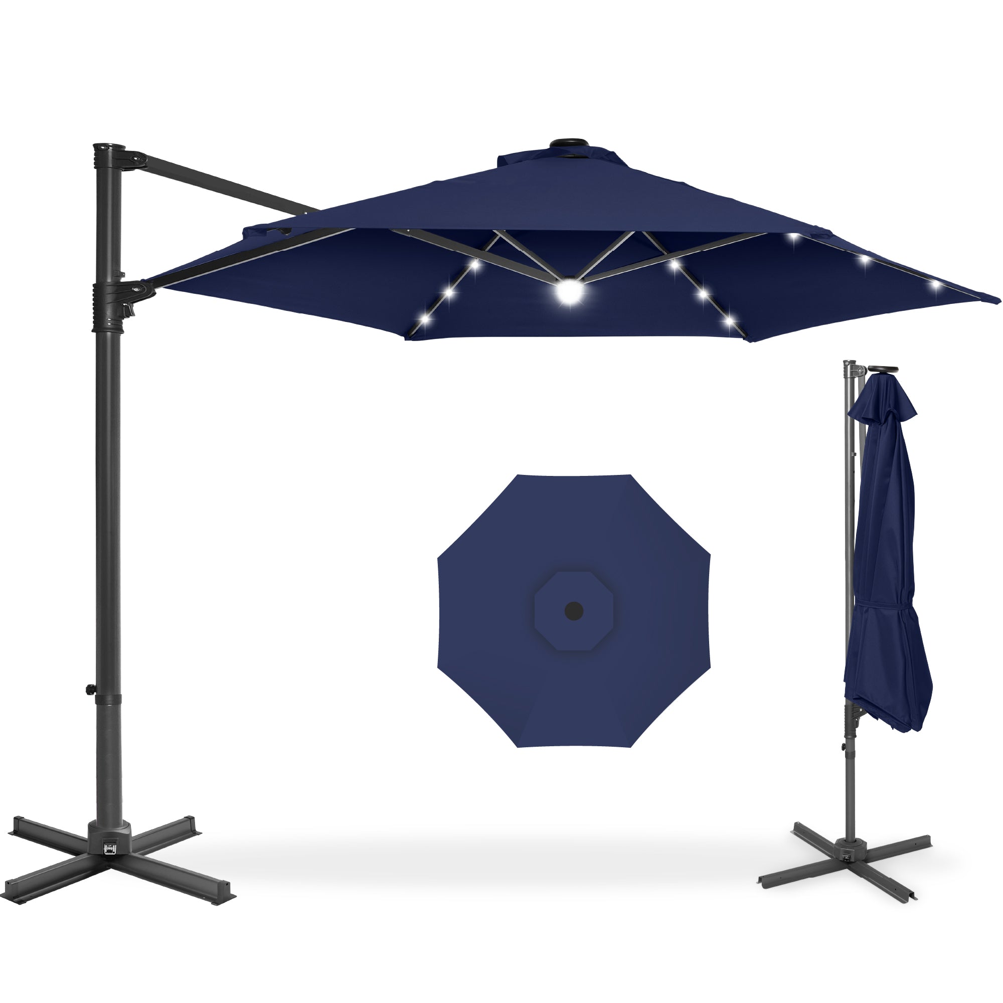360 LED Rotating Cantilever Offset Patio Umbrella - 10ft - Navy Blue
