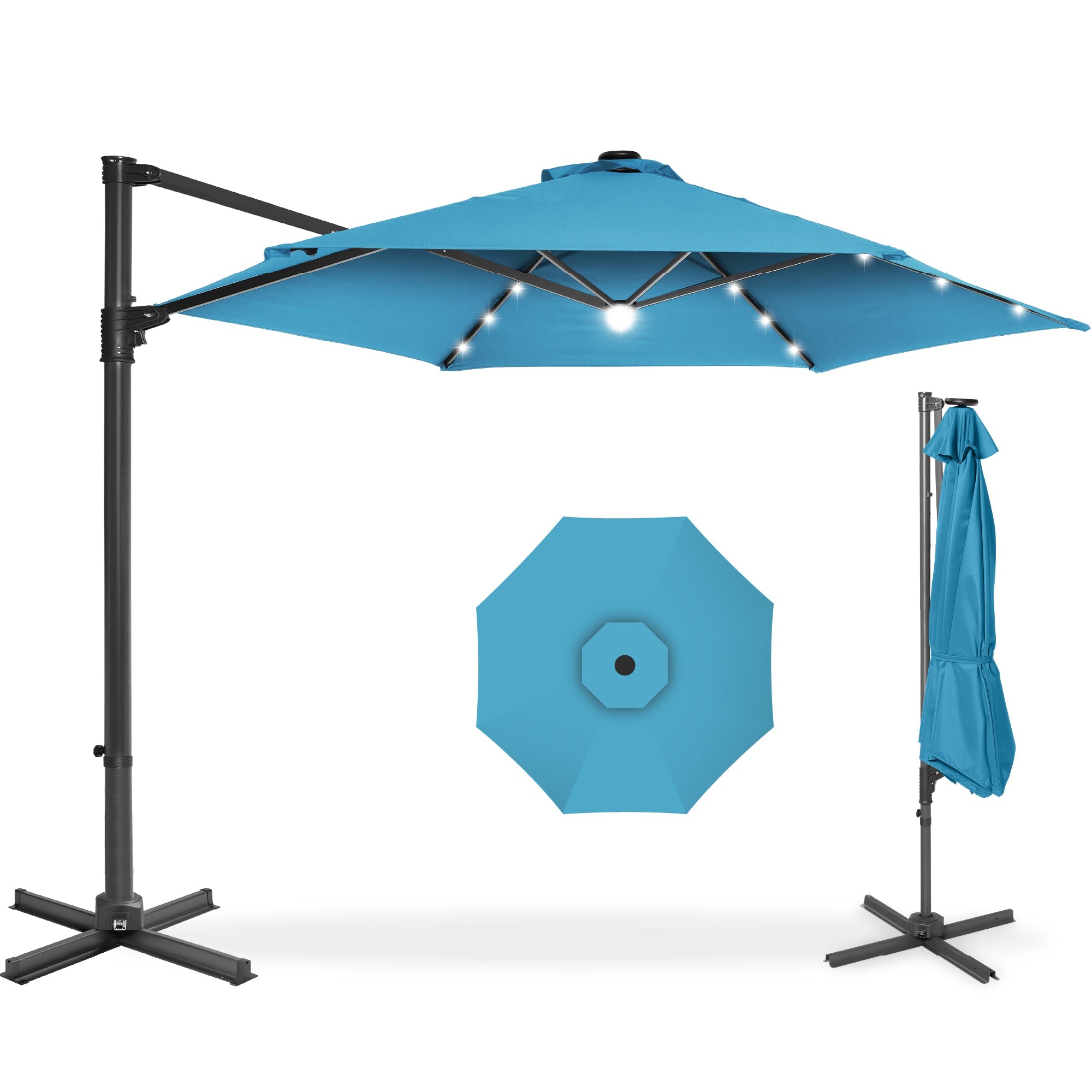 360 LED Rotating Cantilever Offset Patio Umbrella - 10ft - Sky Blue