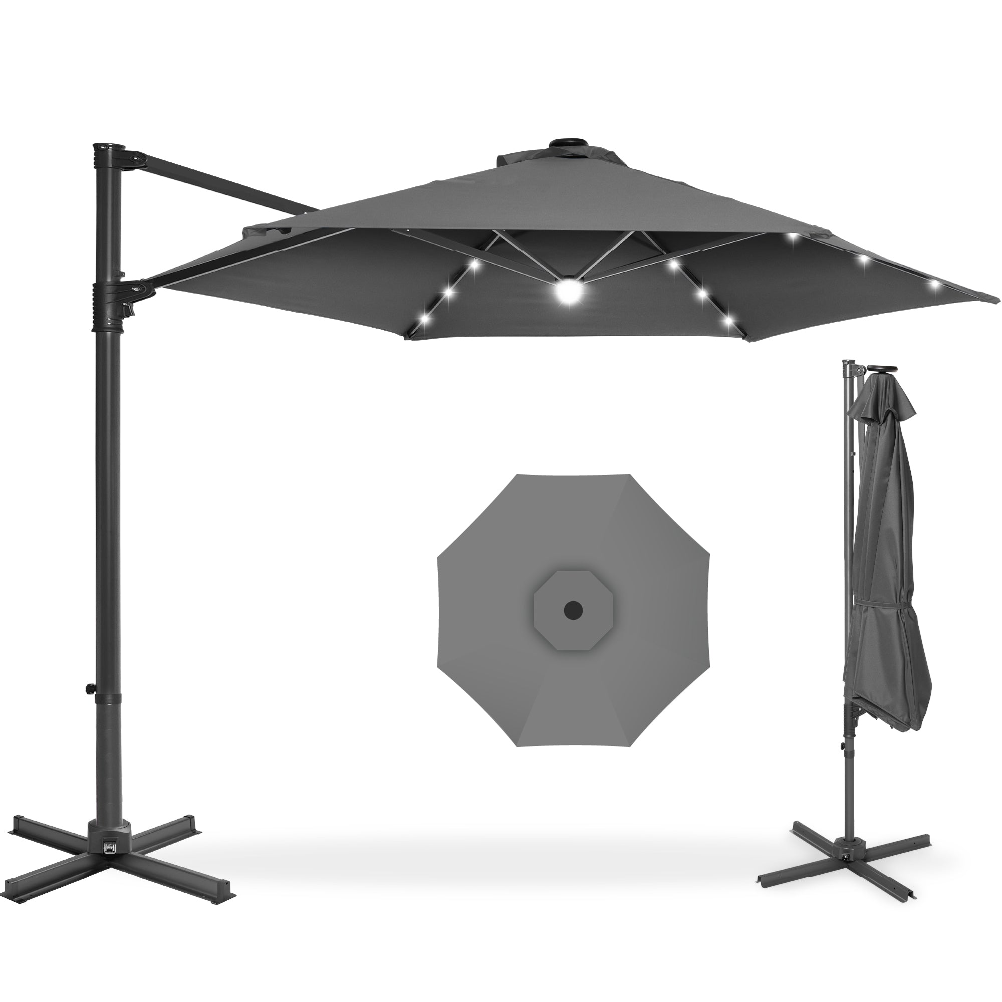 360 LED Rotating Cantilever Offset Patio Umbrella - 10ft - Gray