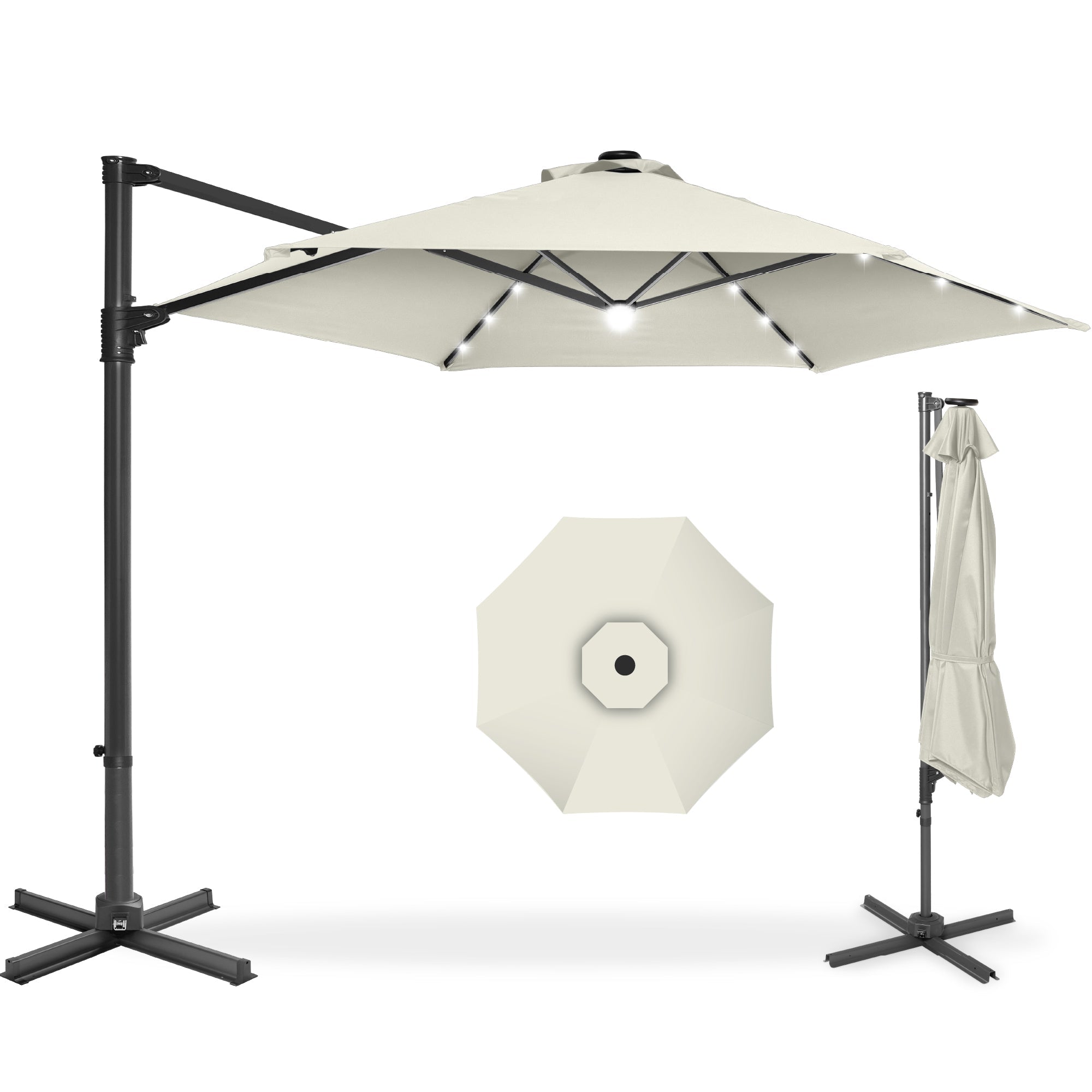 360 LED Rotating Cantilever Offset Patio Umbrella - 10ft - Ivory