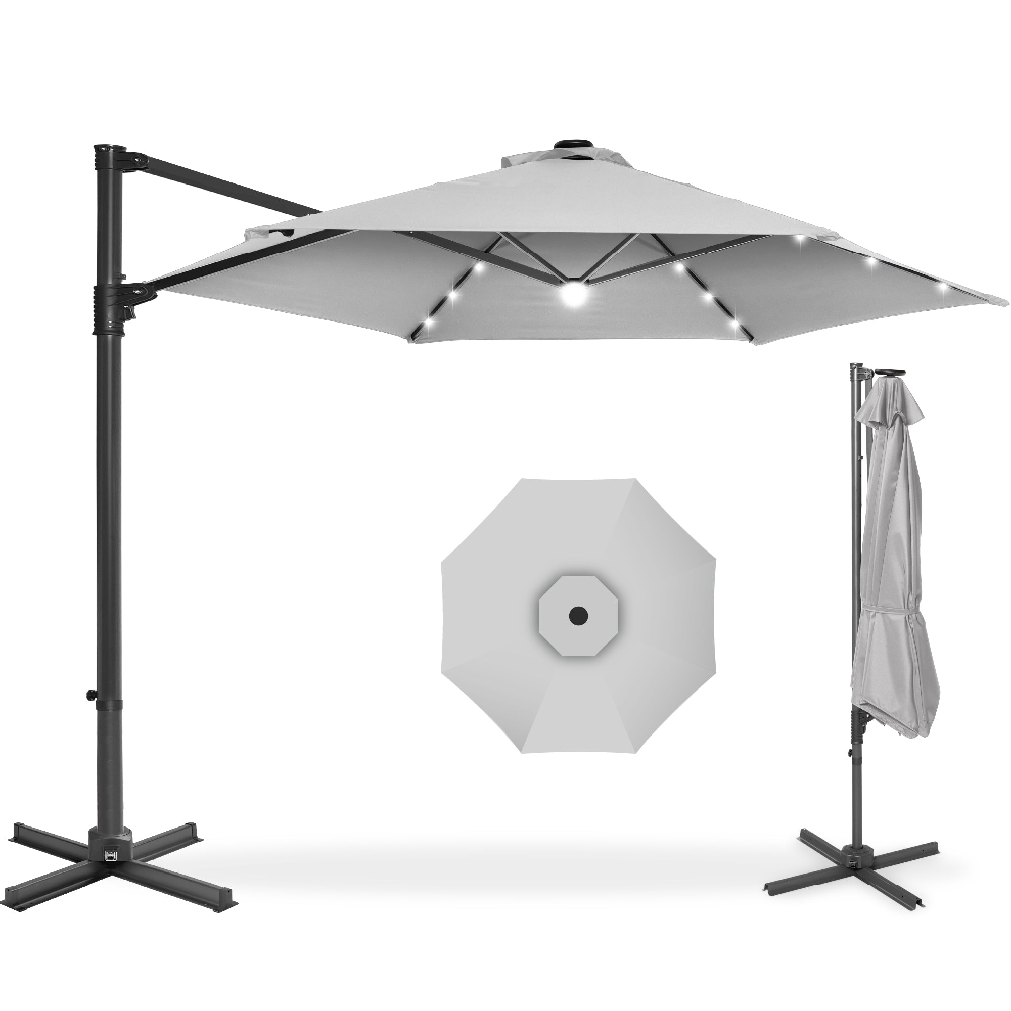 360 LED Rotating Cantilever Offset Patio Umbrella - 10ft - Fog Gray