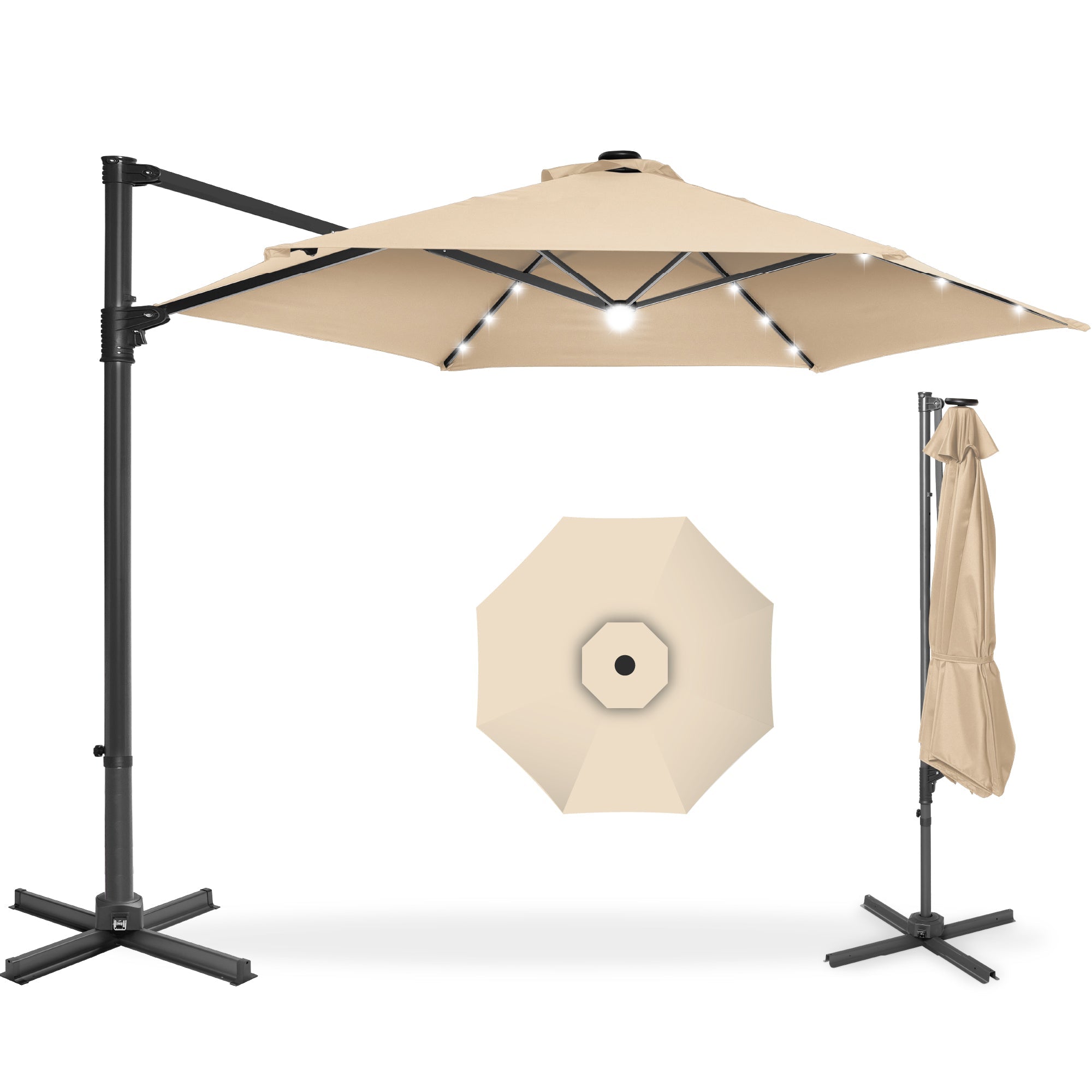 360 LED Rotating Cantilever Offset Patio Umbrella - 10ft - Sand